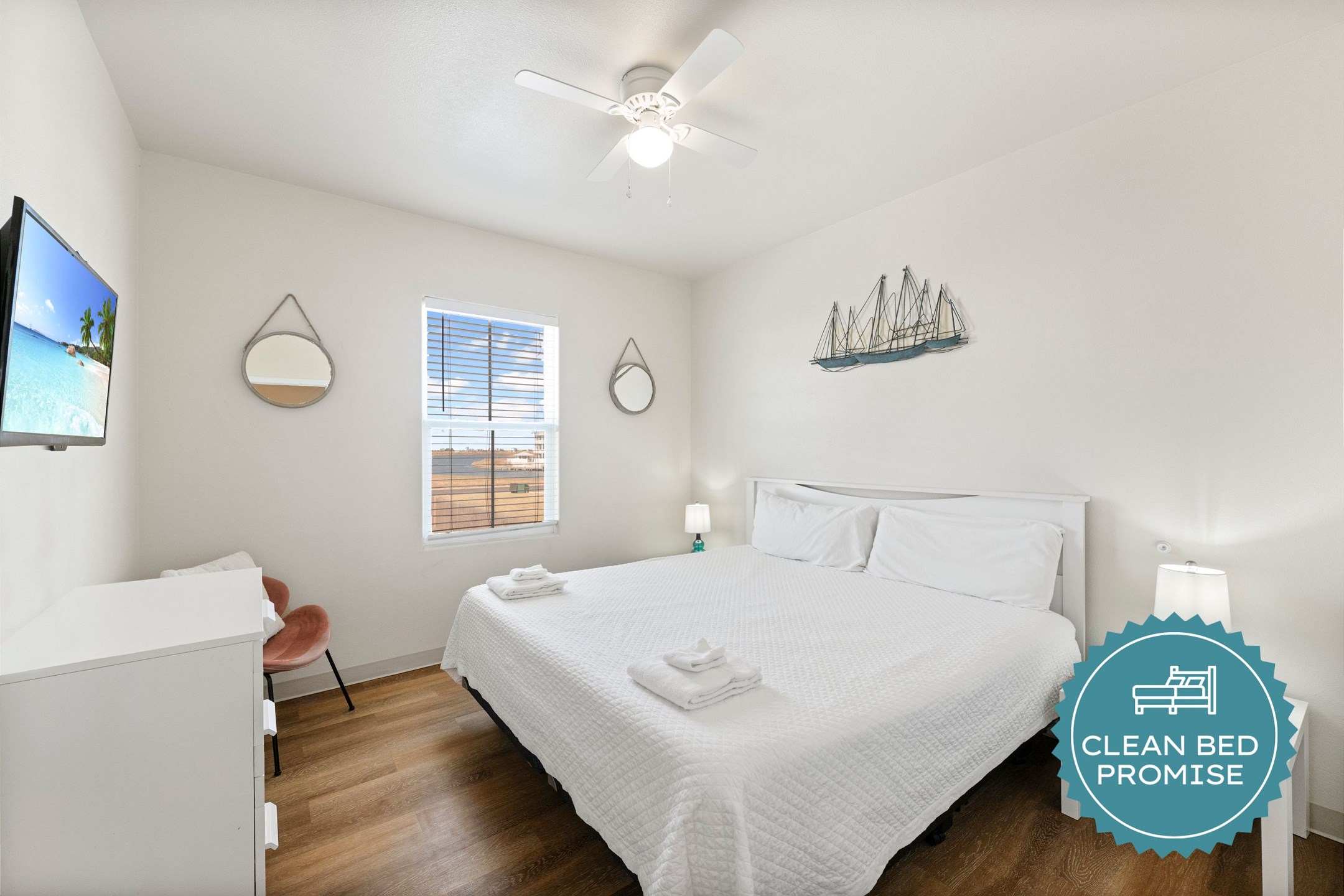 Sleep better at Padre Escapes with our exclusive Clean Bed Promise, providing fresh linens, comforters, and towels washed at high temperatures exceeding CDC recommendations, setting us apart for a truly restful vacation 