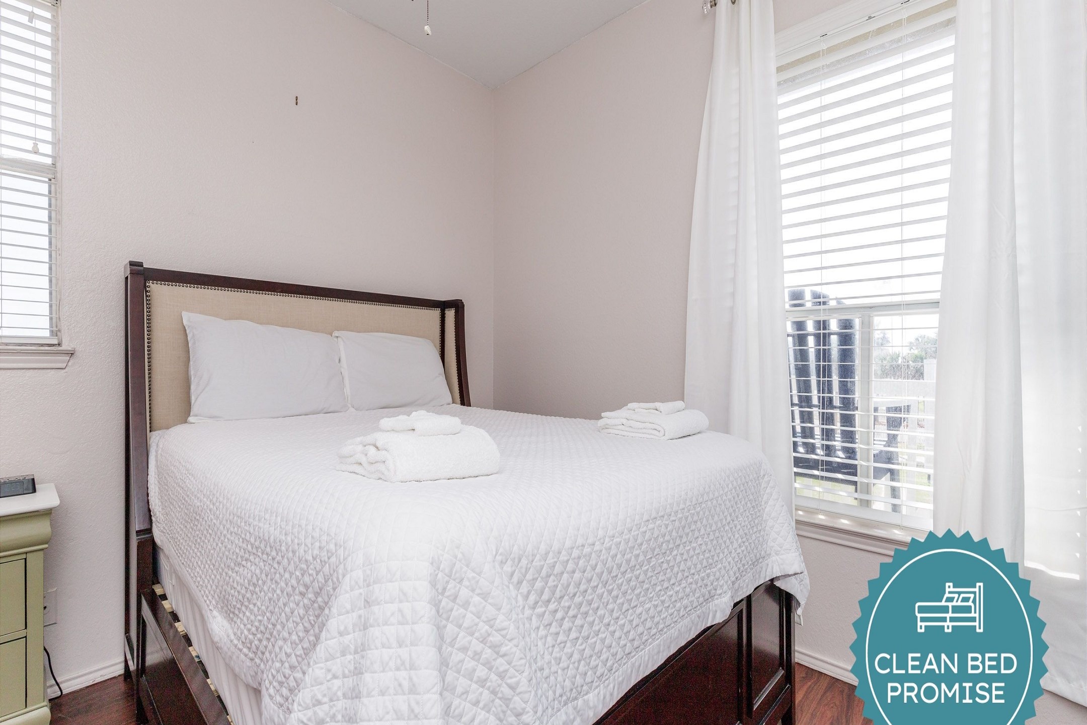 Sleep better at Padre Escapes with our exclusive Clean Bed Promise, providing fresh linens, comforters, and towels washed at high temperatures exceeding CDC recommendations, setting us apart for a truly restful vacation 
