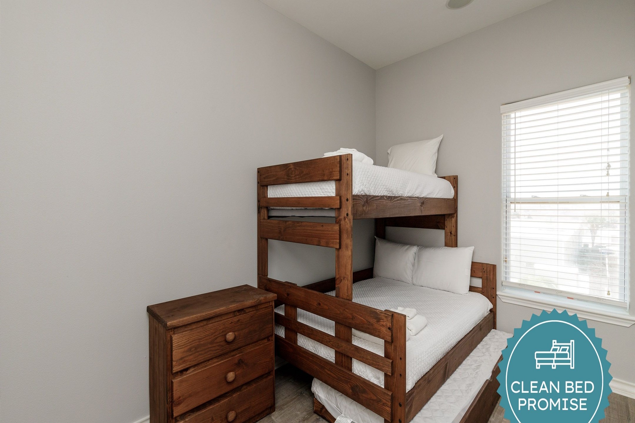 Sleep better at Padre Escapes with our exclusive Clean Bed Promise; providing fresh linens, comforters, and towels washed at high temperatures exceeding CDC recommendations, setting us apart for a truly restful vacation