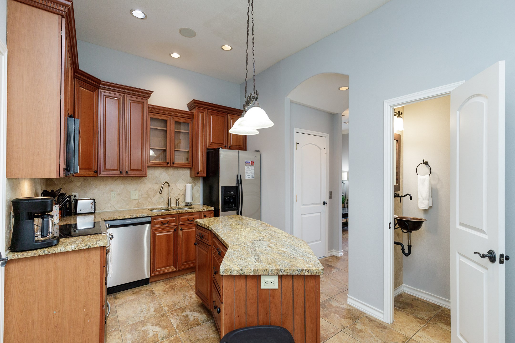 Fully equipped kitchen with lovely updates, plenty of counter space and coffee maker