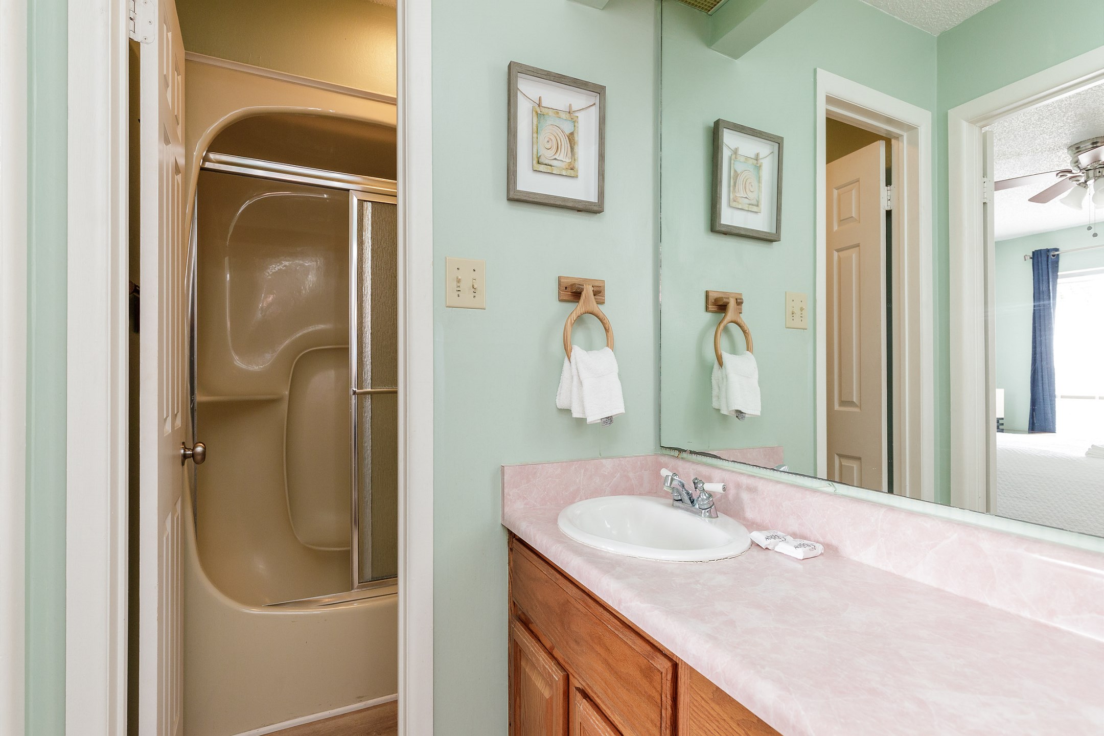 Master bathroom on the first floor with tub and shower 