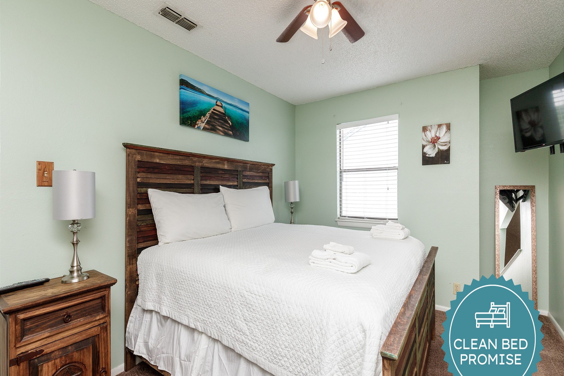 Sleep better at Padre Escapes with our exclusive Clean Bed Promise; providing fresh linens, comforters, and towels washed at high temperatures exceeding CDC recommendations, setting us apart for a truly restful vacation