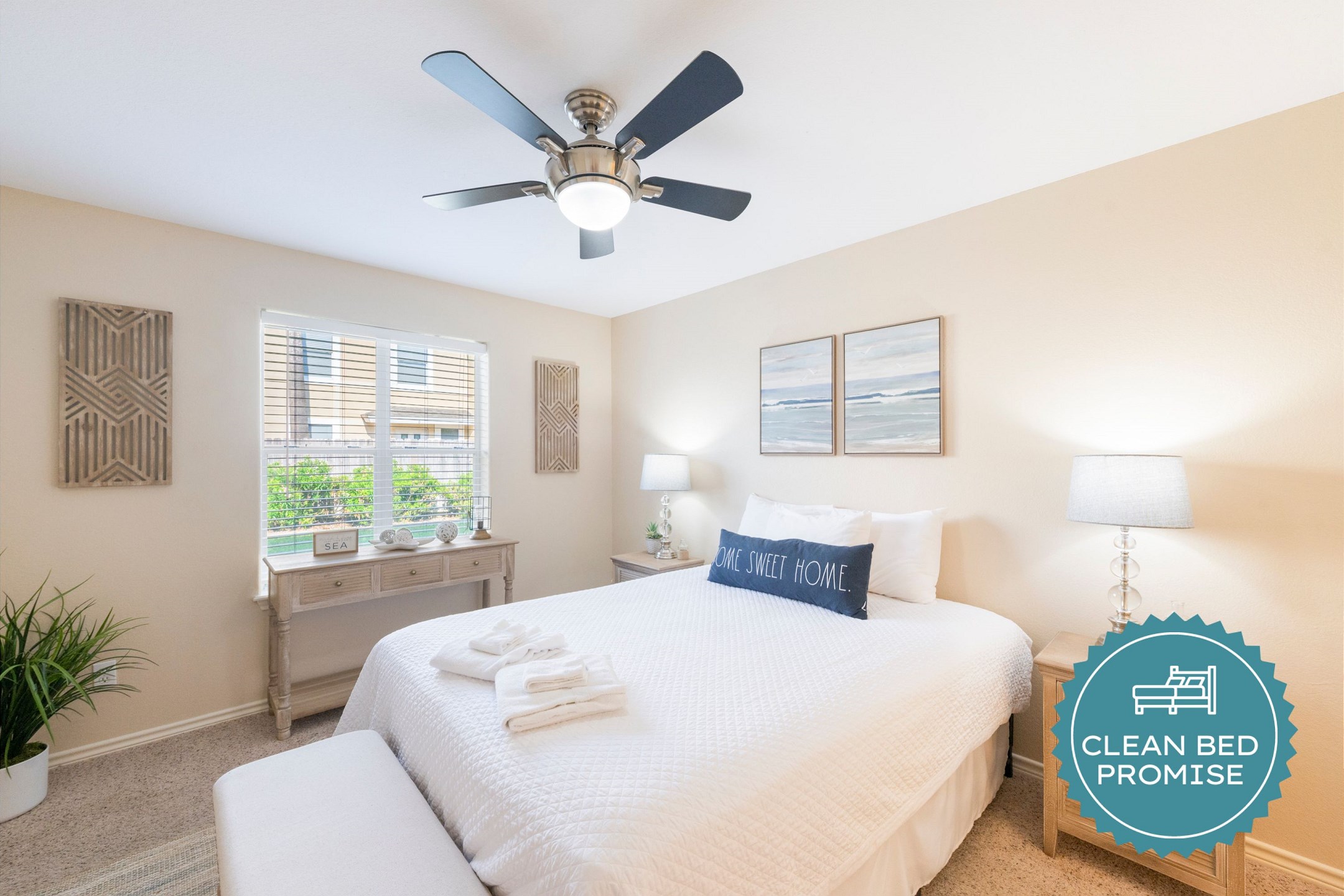 Sleep better at Padre Escapes with our exclusive Clean Bed Promise; providing fresh linens, comforters, and towels washed at high temperatures exceeding CDC recommendations, setting us apart for a truly restful vacation