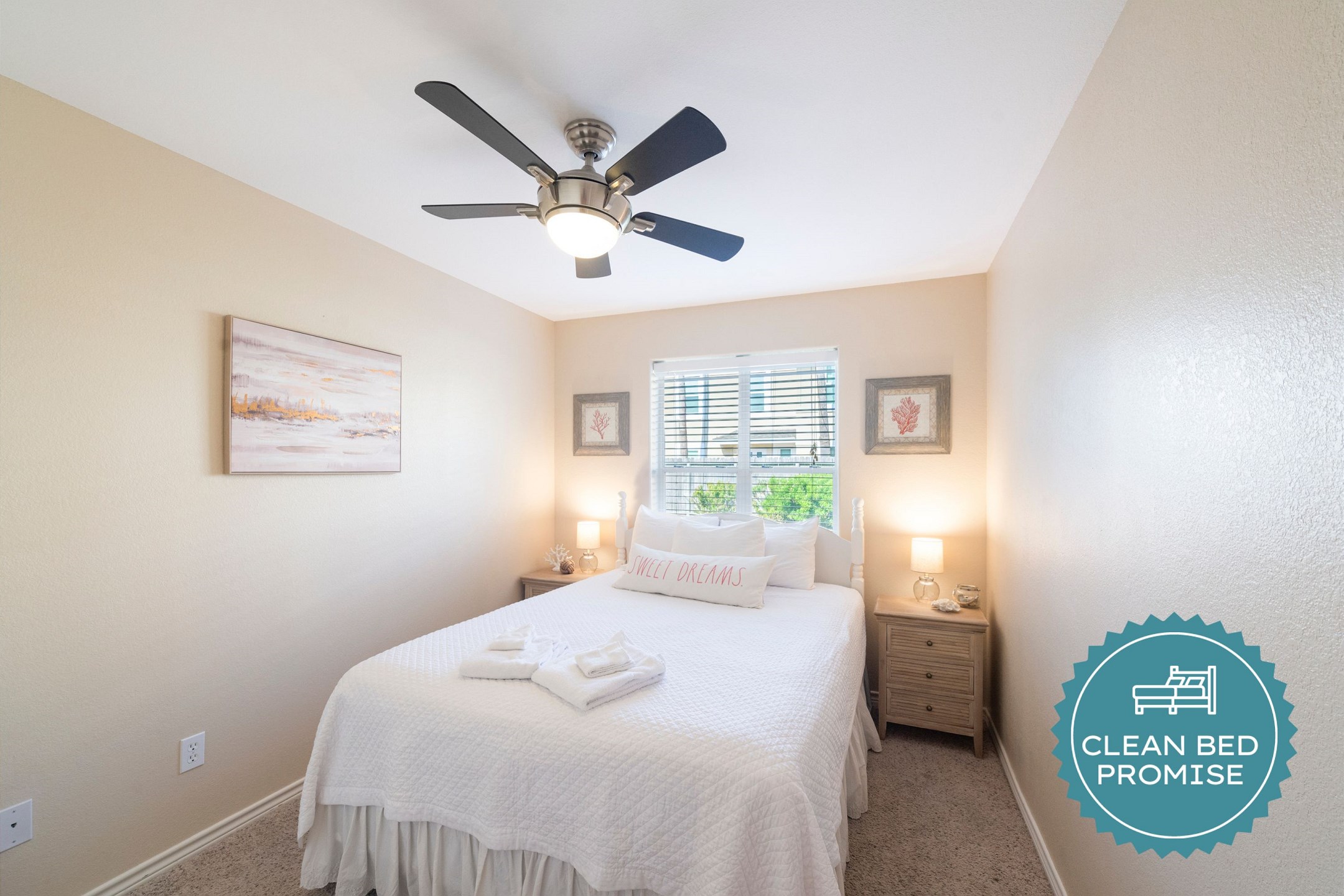 Sleep better at Padre Escapes with our exclusive Clean Bed Promise; providing fresh linens, comforters, and towels washed at high temperatures exceeding CDC recommendations, setting us apart for a truly restful vacation