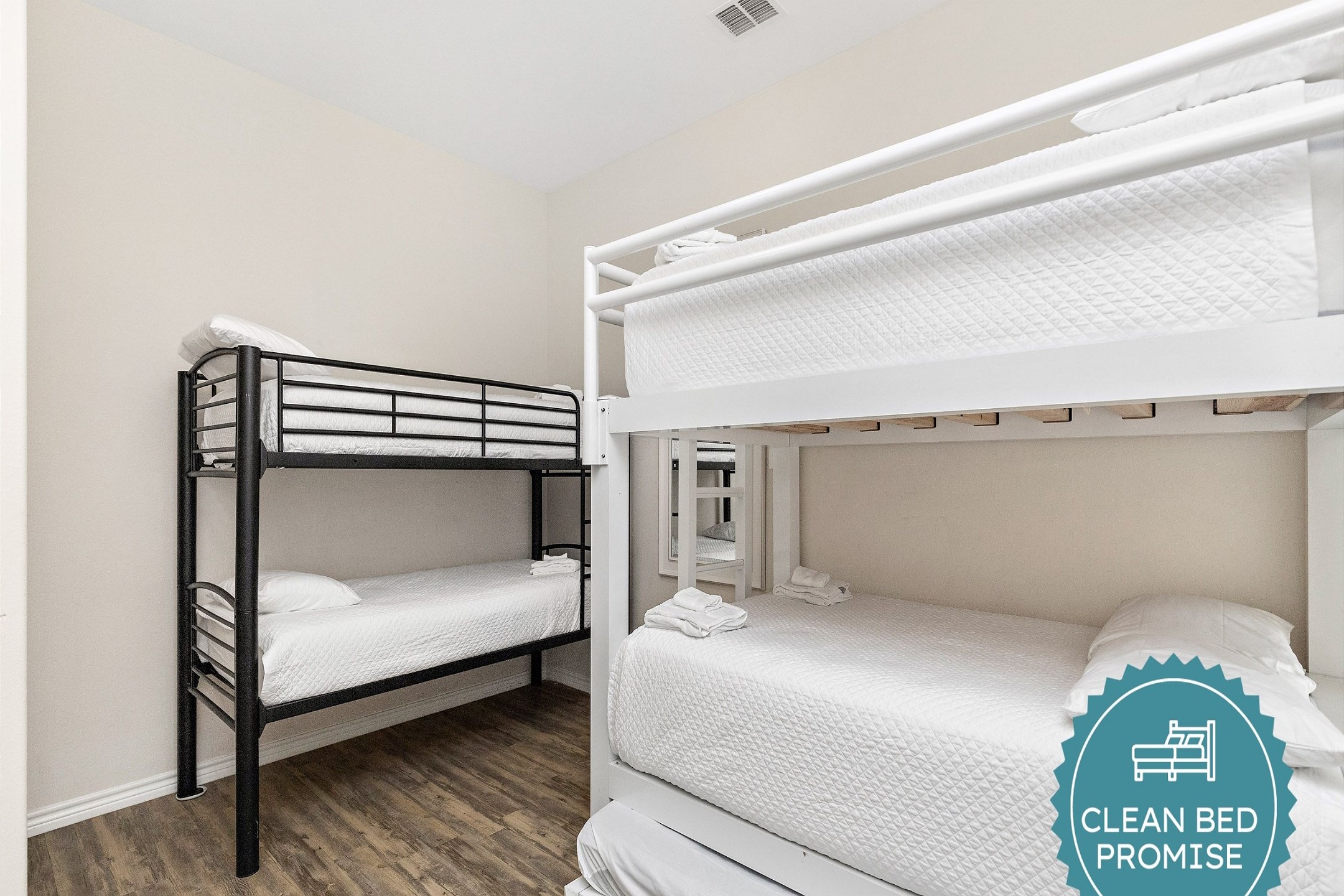 Sleep better at Padre Escapes with our exclusive Clean Bed Promise; providing fresh linens, comforters, and towels washed at high temperatures exceeding CDC recommendations, setting us apart for a truly restful vacation