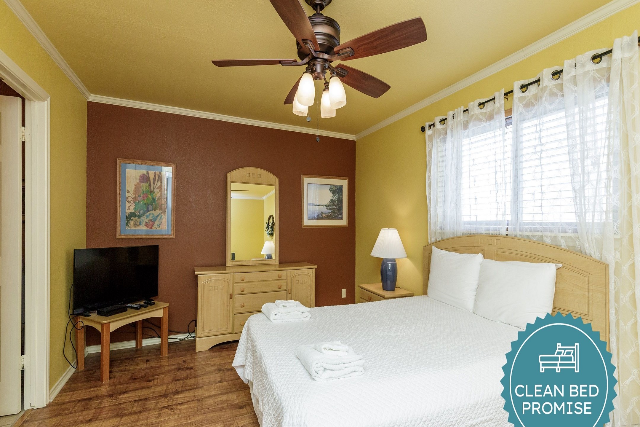 Sleep better at Padre Escapes with our exclusive Clean Bed Promise; providing fresh linens, comforters, and towels washed at high temperatures exceeding CDC recommendations, setting us apart for a truly restful vacation
