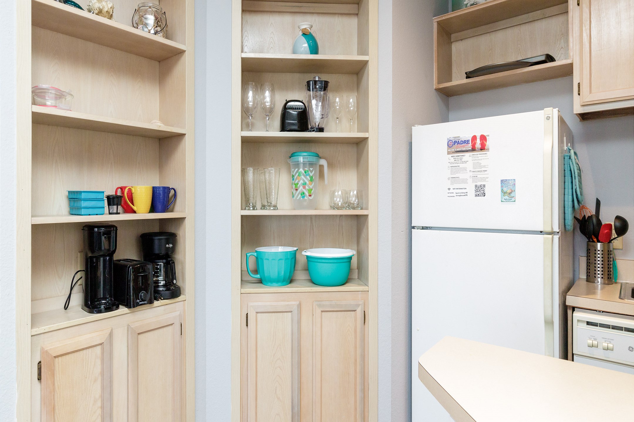 Kitchen area with ample storage and supplies for your vacation 