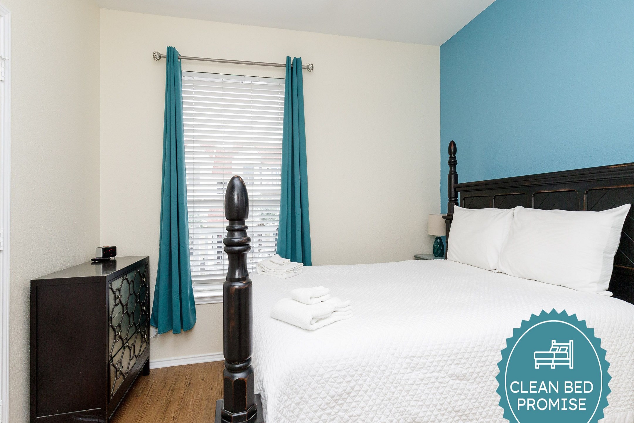 Sleep better at Padre Escapes with our exclusive Clean Bed Promise; providing fresh linens, comforters, and towels washed at high temperatures exceeding CDC recommendations, setting us apart for a truly restful vacation