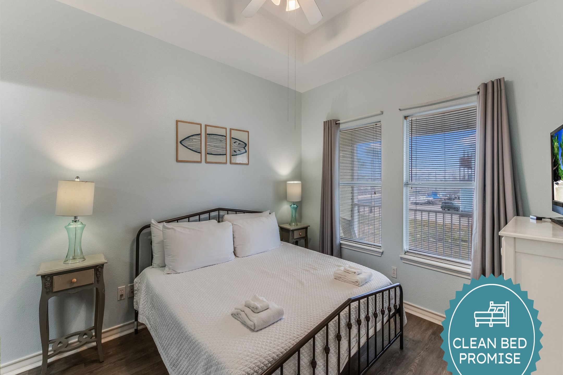Sleep better at Padre Escapes with our exclusive Clean Bed Promise, providing fresh linens, comforters, and towels washed at high temperatures exceeding CDC recommendations, setting us apart for a truly restful vacation