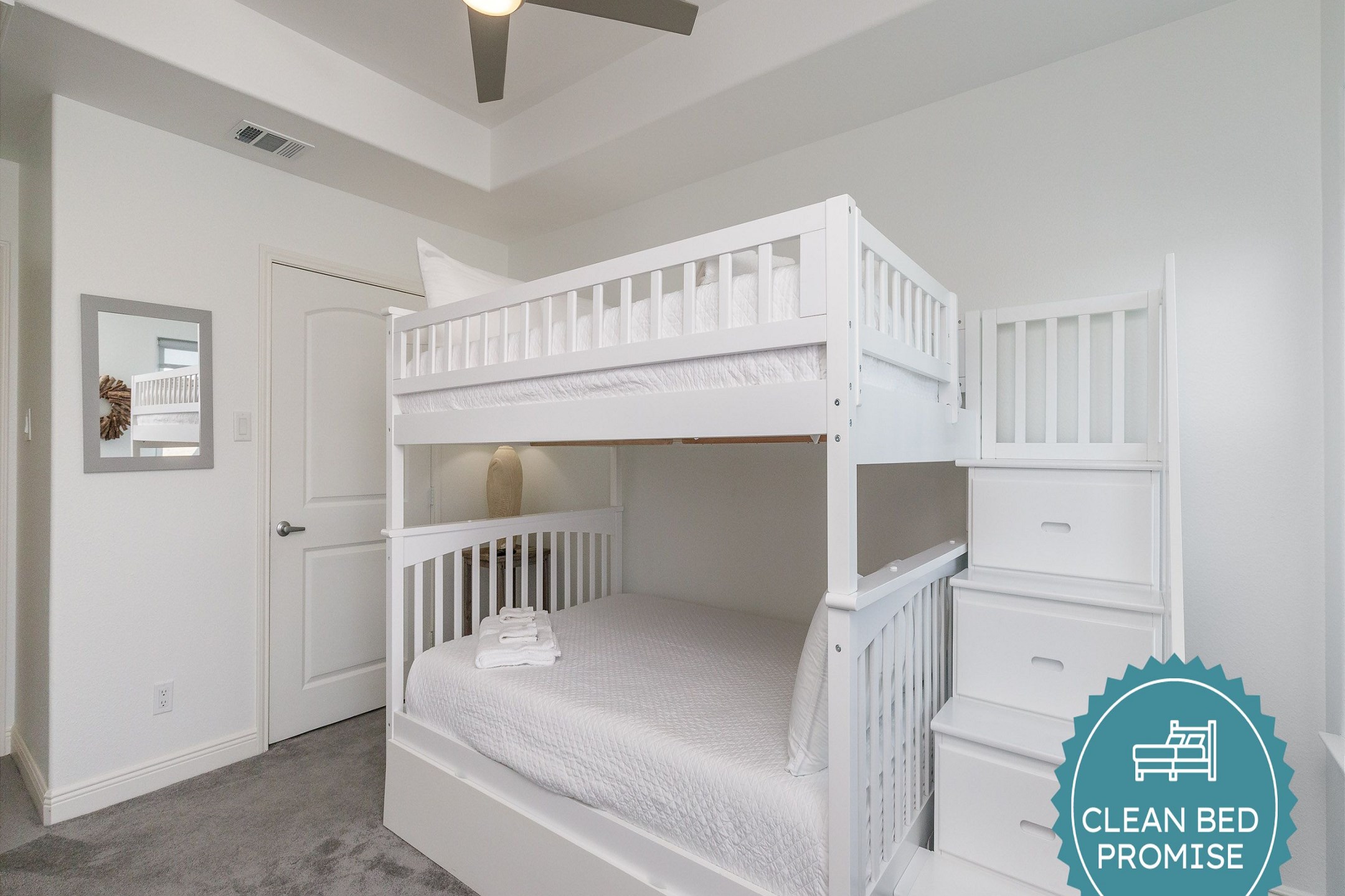 Sleep better at Padre Escapes with our exclusive Clean Bed Promise; providing fresh linens, comforters, and towels washed at high temperatures exceeding CDC recommendations, setting us apart for a truly restful vacation