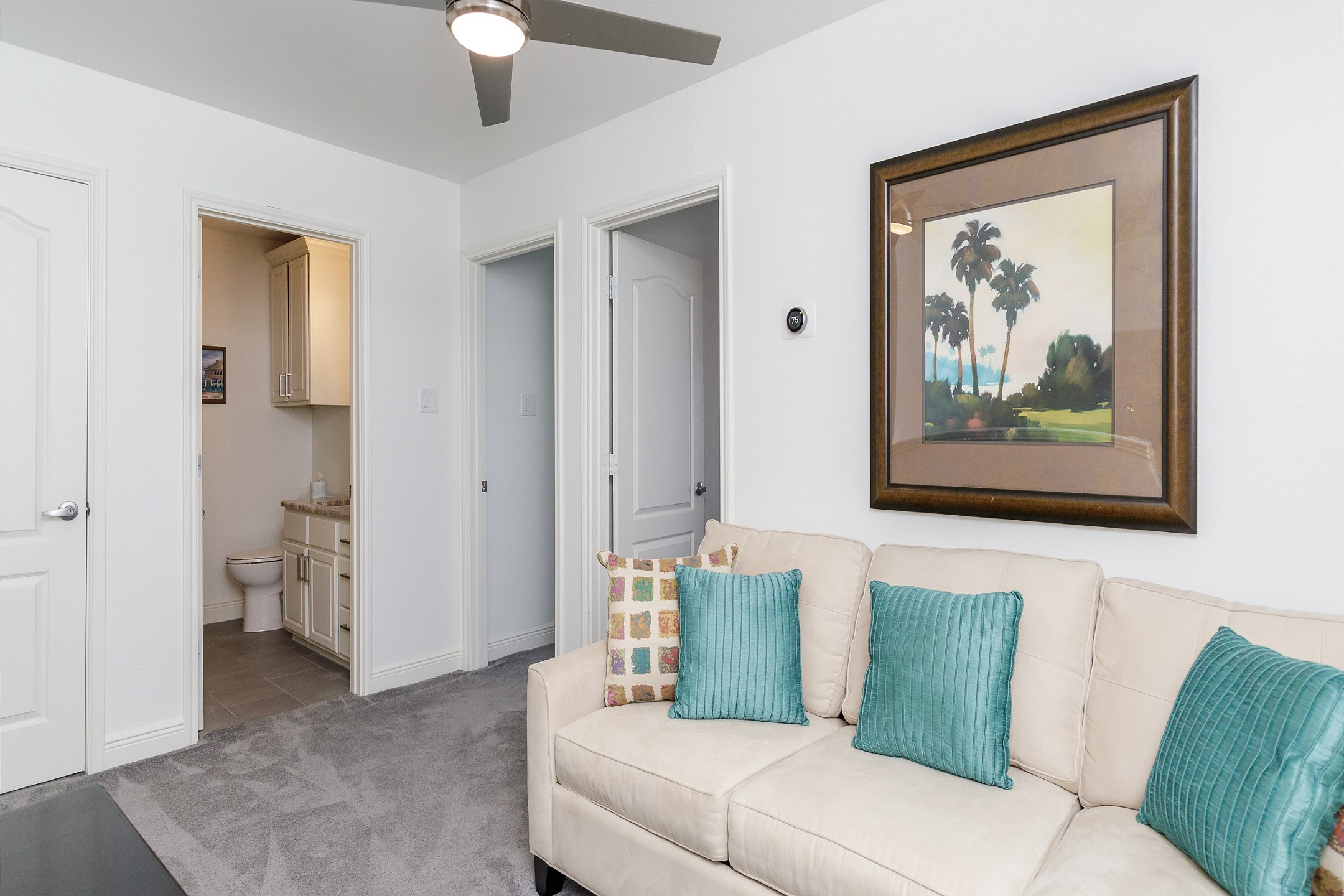 Loft area on the second floor with full size sleeper sofa across guest bathroom
