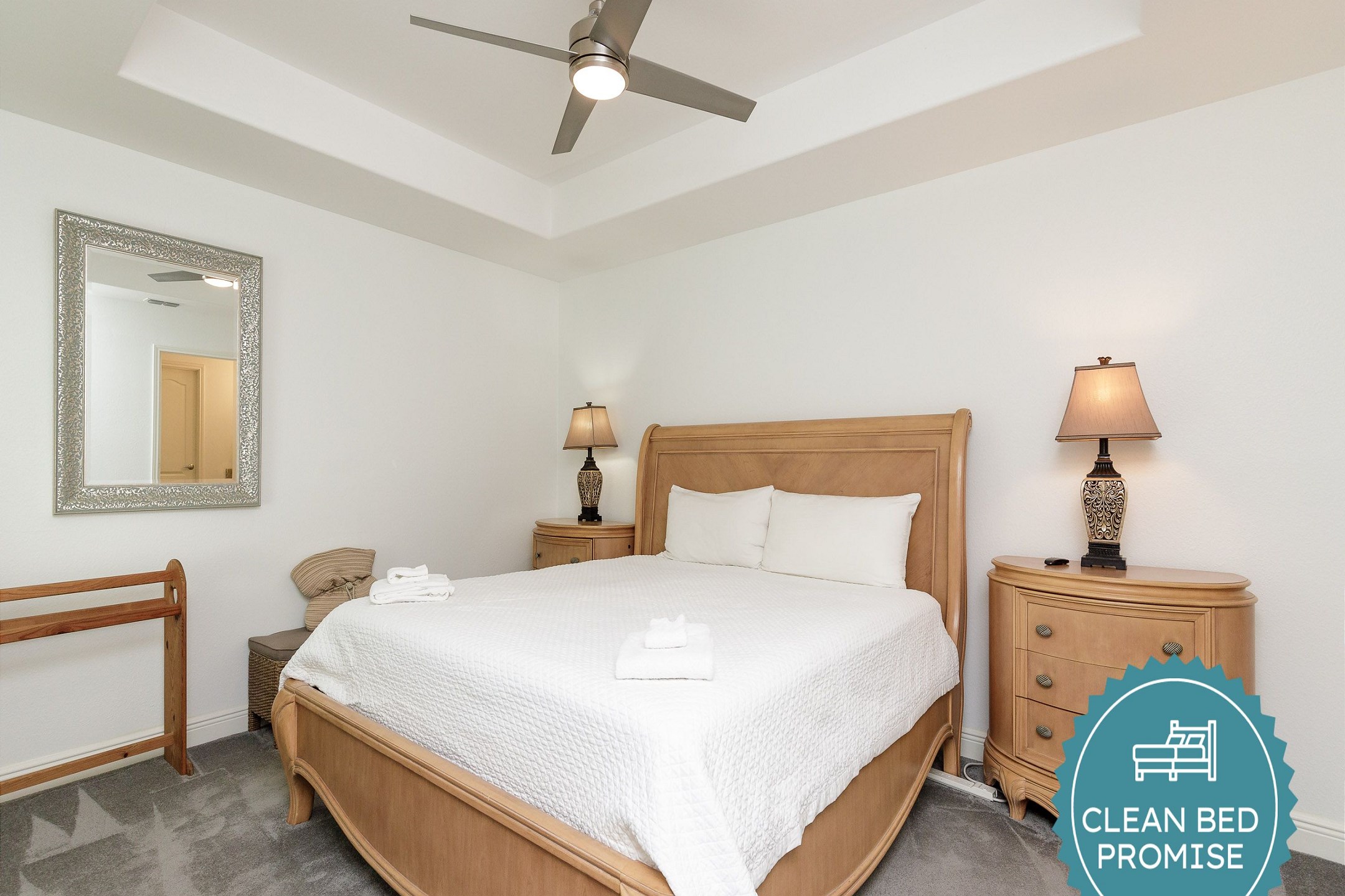 Sleep better at Padre Escapes with our exclusive Clean Bed Promise; providing fresh linens, comforters, and towels washed at high temperatures exceeding CDC recommendations, setting us apart for a truly restful vacation