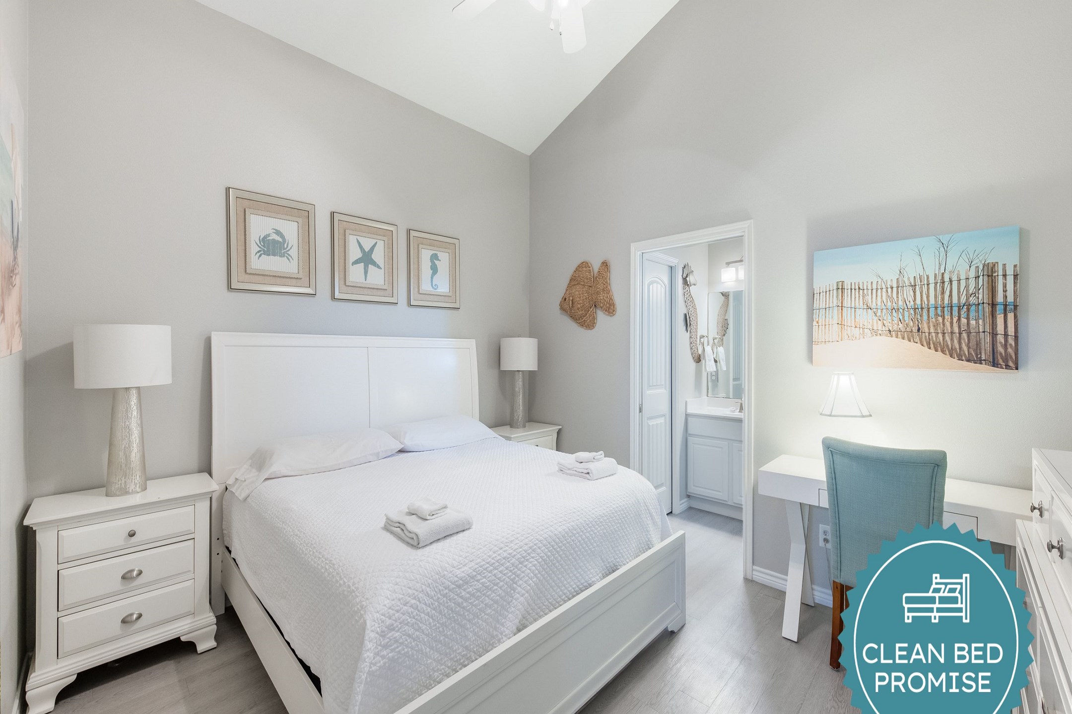 Sleep better at Padre Escapes with our exclusive Clean Bed Promise; providing fresh linens, comforters, and towels washed at high temperatures exceeding CDC recommendations, setting us apart for a truly restful vacation