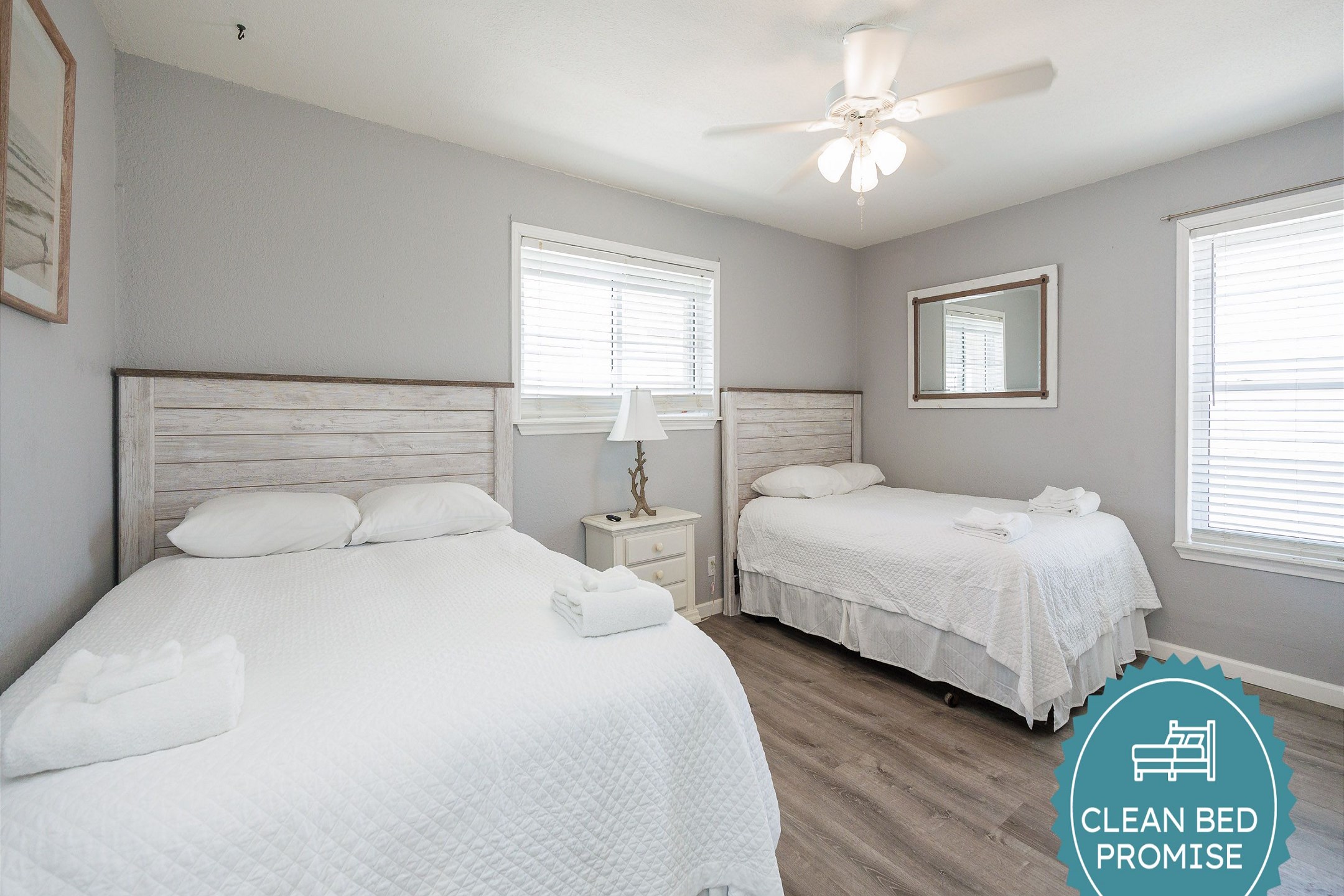 Sleep better at Padre Escapes with our exclusive Clean Bed Promise; providing fresh linens, comforters, and towels washed at high temperatures exceeding CDC recommendations, setting us apart for a truly restful vacation