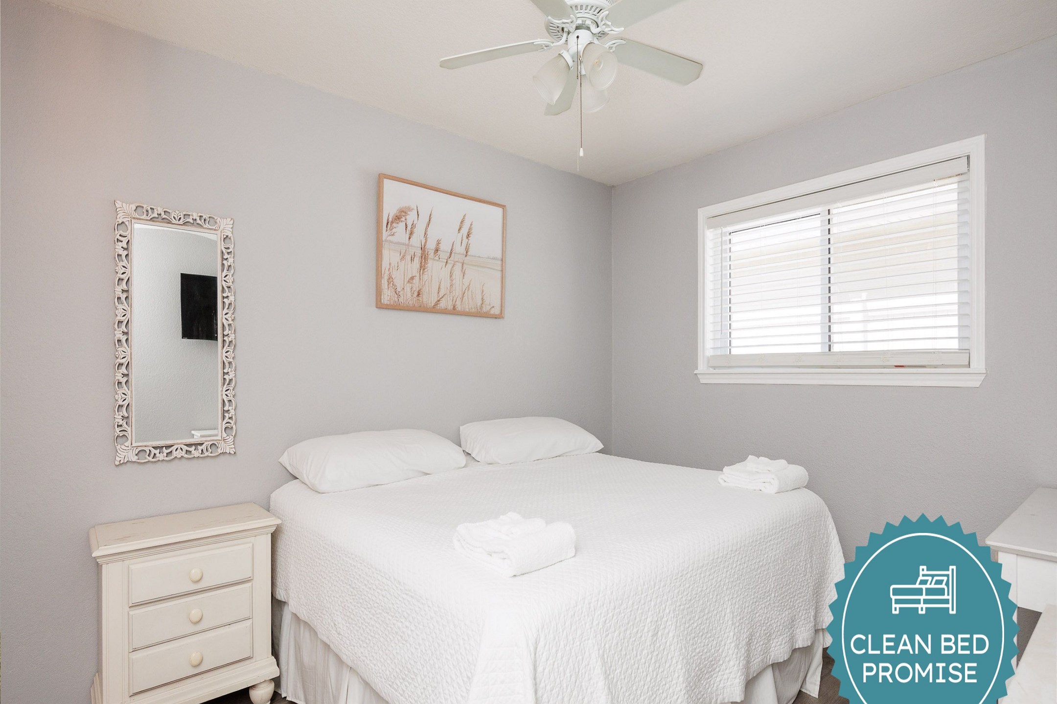 Sleep better at Padre Escapes with our exclusive Clean Bed Promise; providing fresh linens, comforters, and towels washed at high temperatures exceeding CDC recommendations, setting us apart for a truly restful vacation