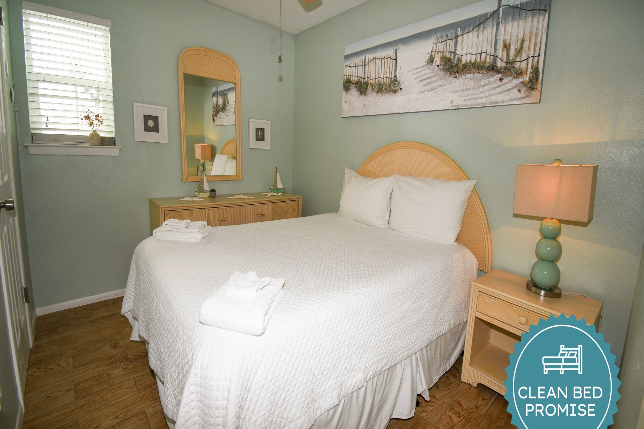 Sleep better at Padre Escapes with our exclusive Clean Bed Promise; providing fresh linens, comforters, and towels washed at high temperatures exceeding CDC recommendations, setting us apart for a truly restful vacation
