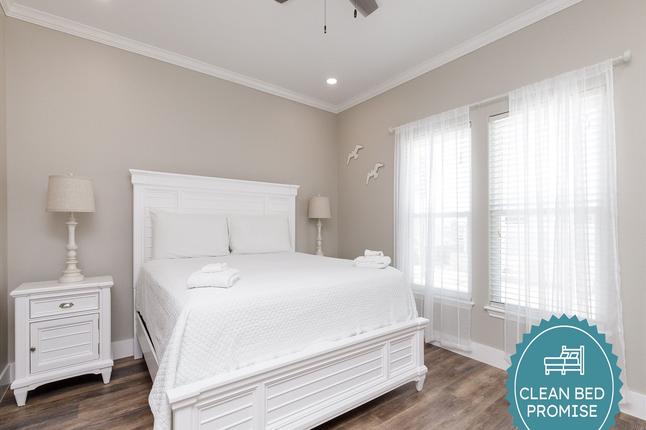 Sleep better at Padre Escapes with our exclusive Clean Bed Promise, providing fresh linens, comforters, and towels washed at high temperatures exceeding CDC recommendations, setting us apart for a truly restful vacation 
