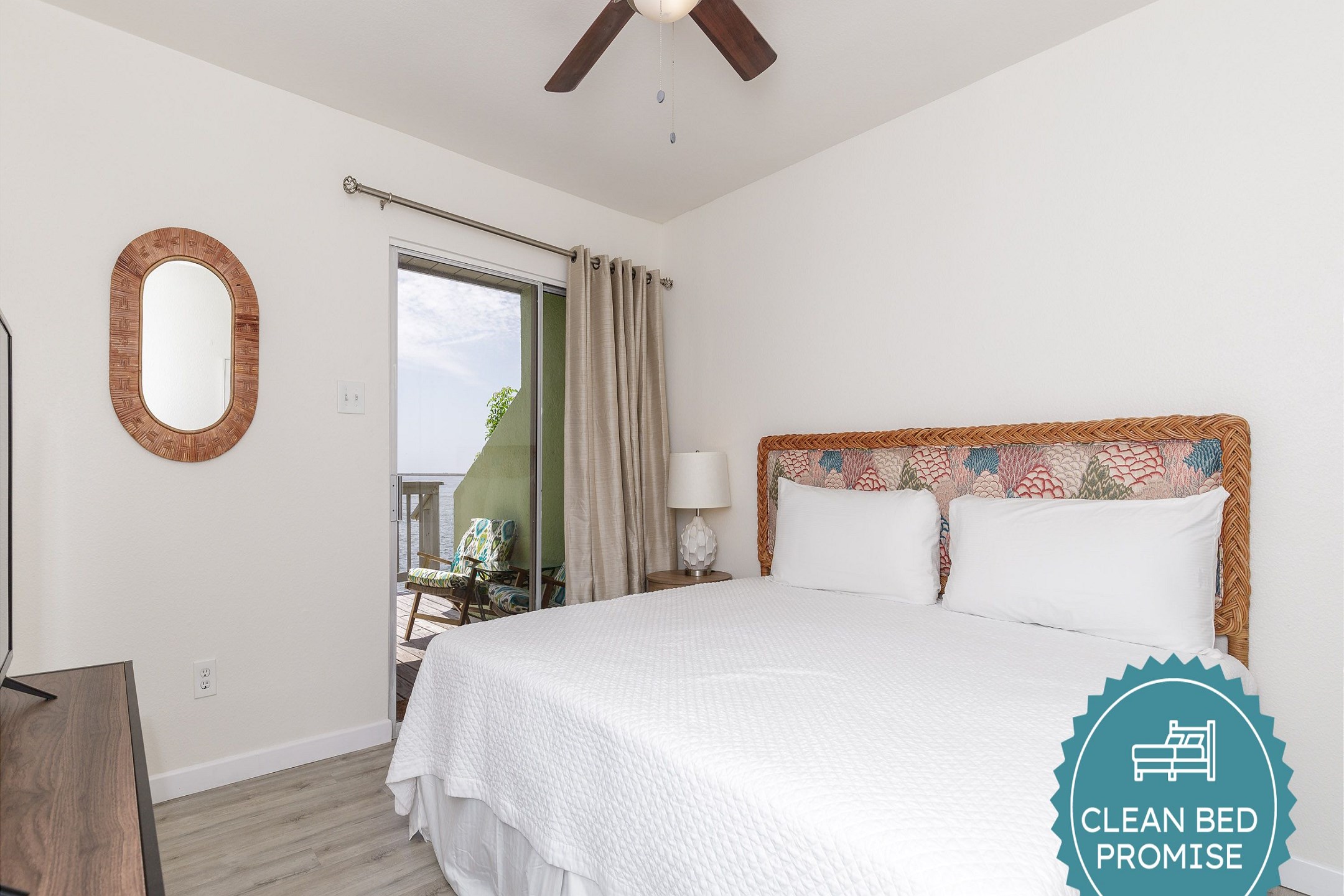 Sleep better at Padre Escapes with our exclusive Clean Bed Promise; providing fresh linens, comforters, and towels washed at high temperatures exceeding CDC recommendations, setting us apart for a truly restful vacation
