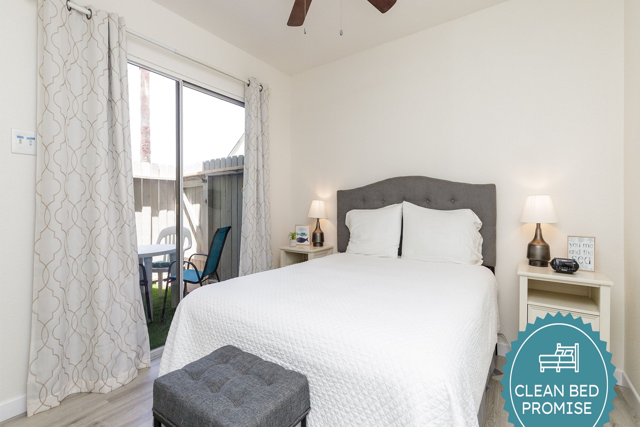 Sleep better at Padre Escapes with our exclusive Clean Bed Promise; providing fresh linens, comforters, and towels washed at high temperatures exceeding CDC recommendations, setting us apart for a truly restful vacation