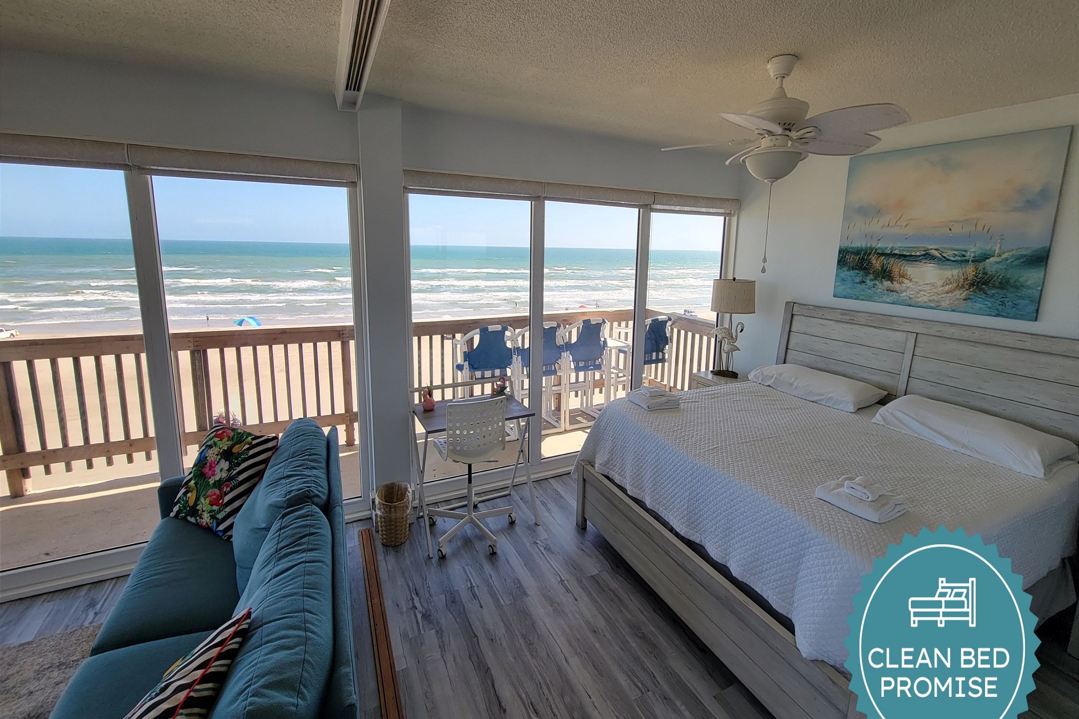 Sleep better at Padre Escapes with our exclusive Clean Bed Promise, providing fresh linens, comforters, and towels washed at high temperatures exceeding CDC recommendations, setting us apart for a truly restful vacation 