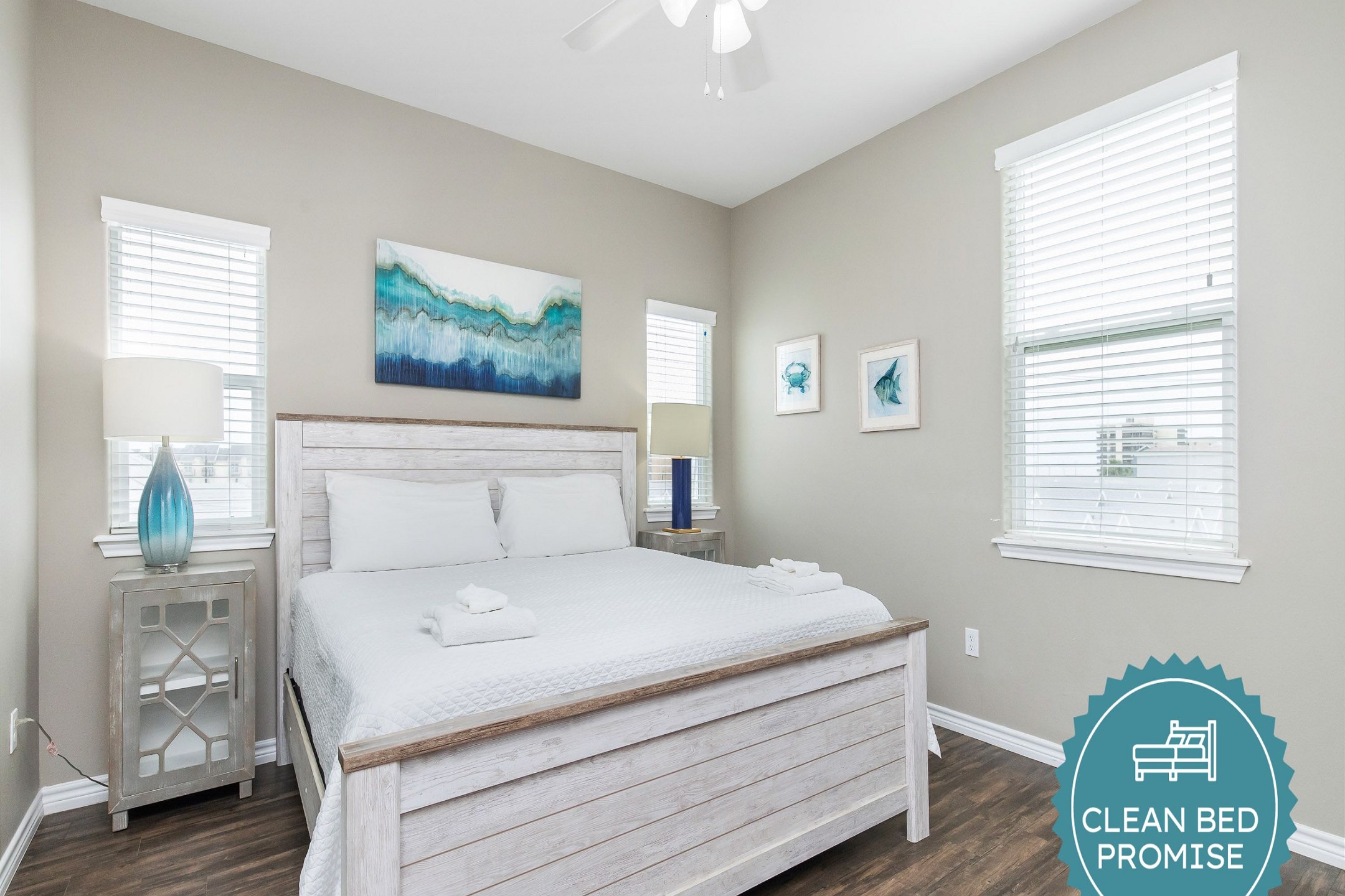 Sleep better at Padre Escapes with our exclusive Clean Bed Promise; providing fresh linens, comforters, and towels washed at high temperatures exceeding CDC recommendations, setting us apart for a truly restful vacation.