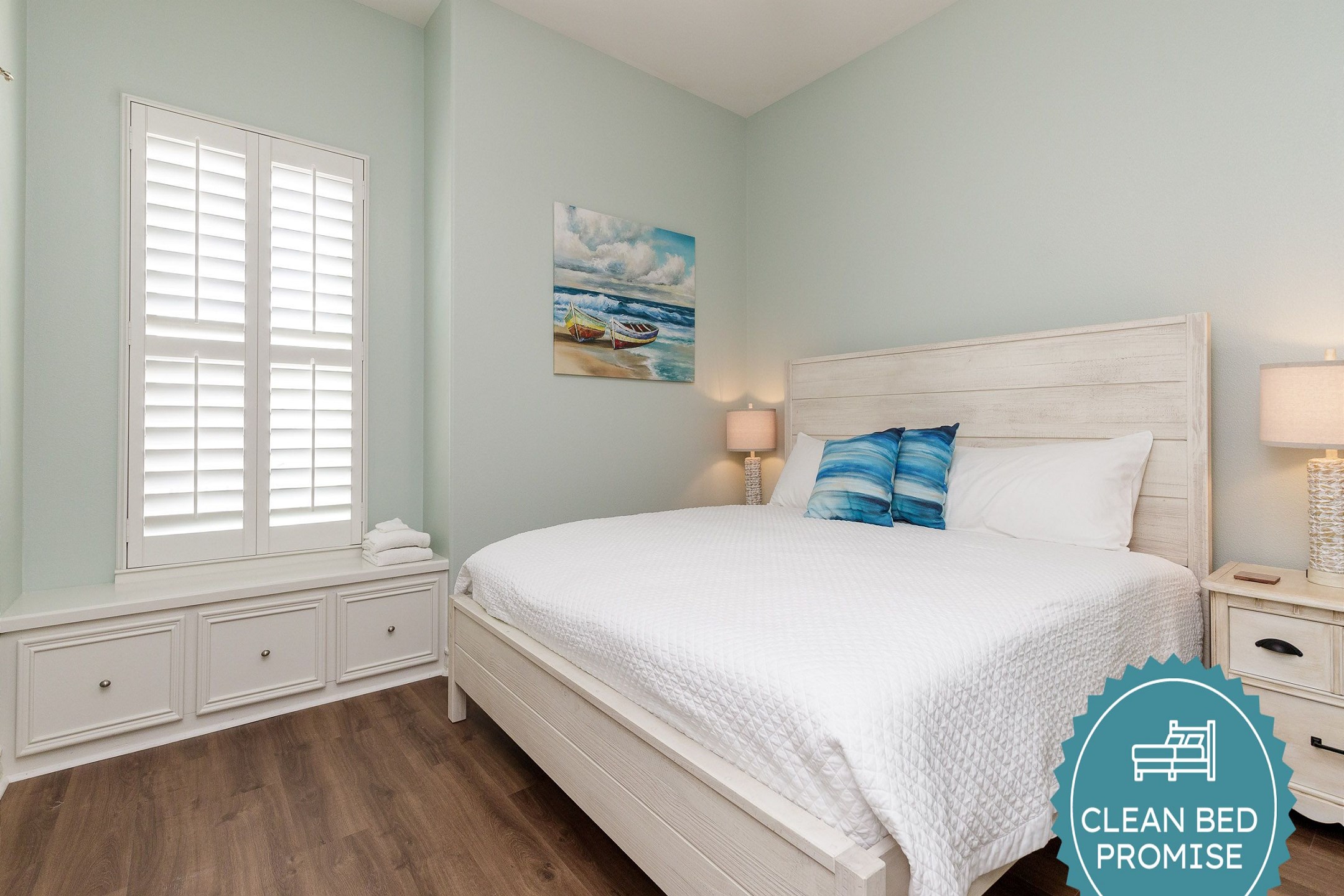 Sleep better at Padre Escapes with our exclusive Clean Bed Promise; providing fresh linens, comforters, and towels washed at high temperatures exceeding CDC recommendations, setting us apart for a truly restful vacation