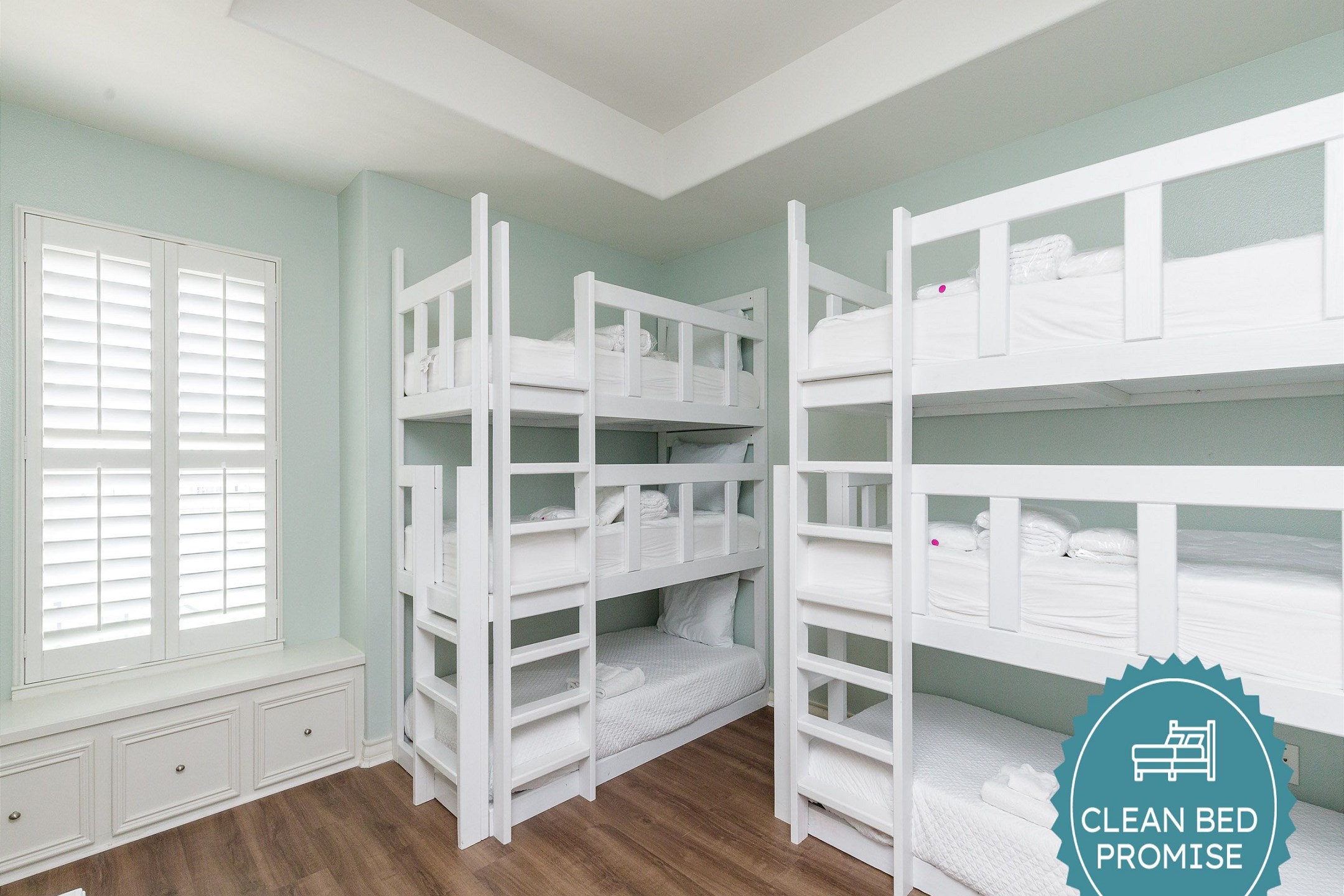 Sleep better at Padre Escapes with our exclusive Clean Bed Promise; providing fresh linens, comforters, and towels washed at high temperatures exceeding CDC recommendations, setting us apart for a truly restful vacation