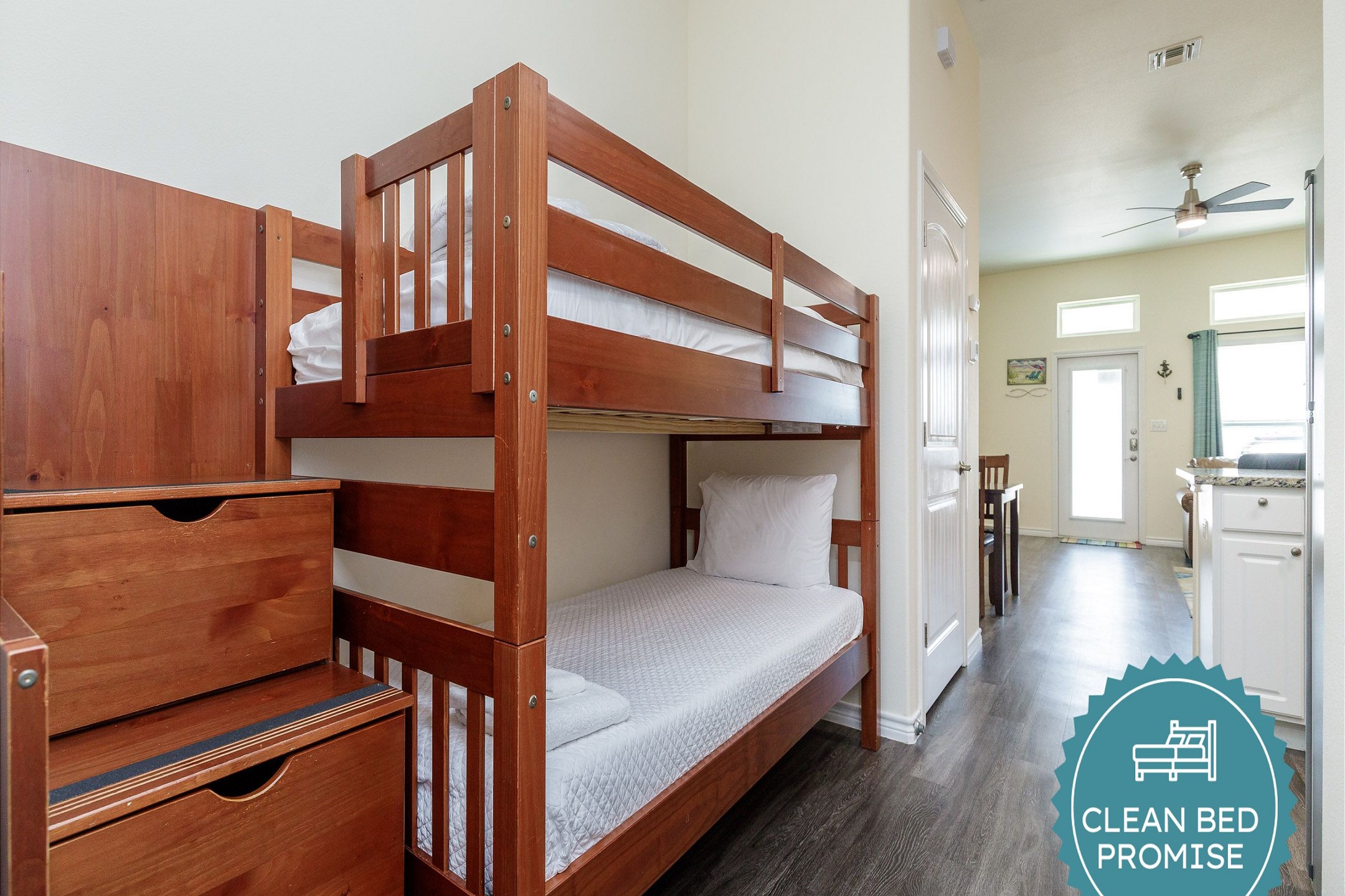 Sleep better at Padre Escapes with our exclusive Clean Bed Promise; providing fresh linens, comforters, and towels washed at high temperatures exceeding CDC recommendations, setting us apart for a truly restful vacation
