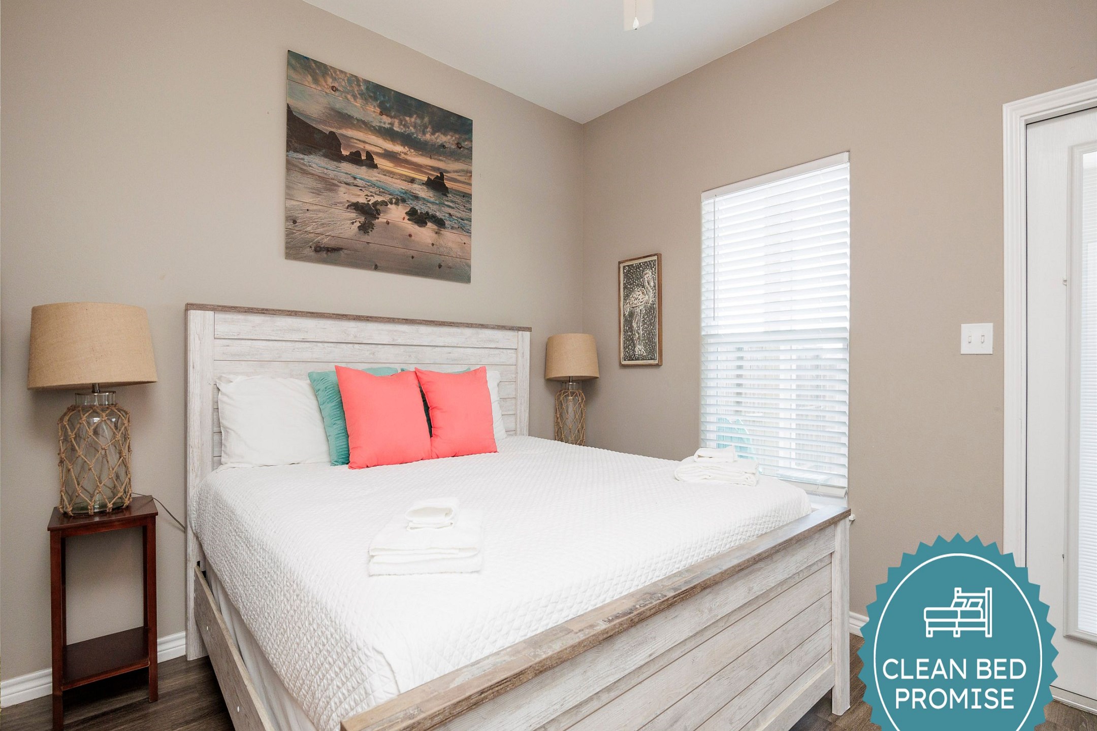 Sleep better at Padre Escapes with our exclusive Clean Bed Promise; providing fresh linens, comforters, and towels washed at high temperatures exceeding CDC recommendations, setting us apart for a truly restful vacation