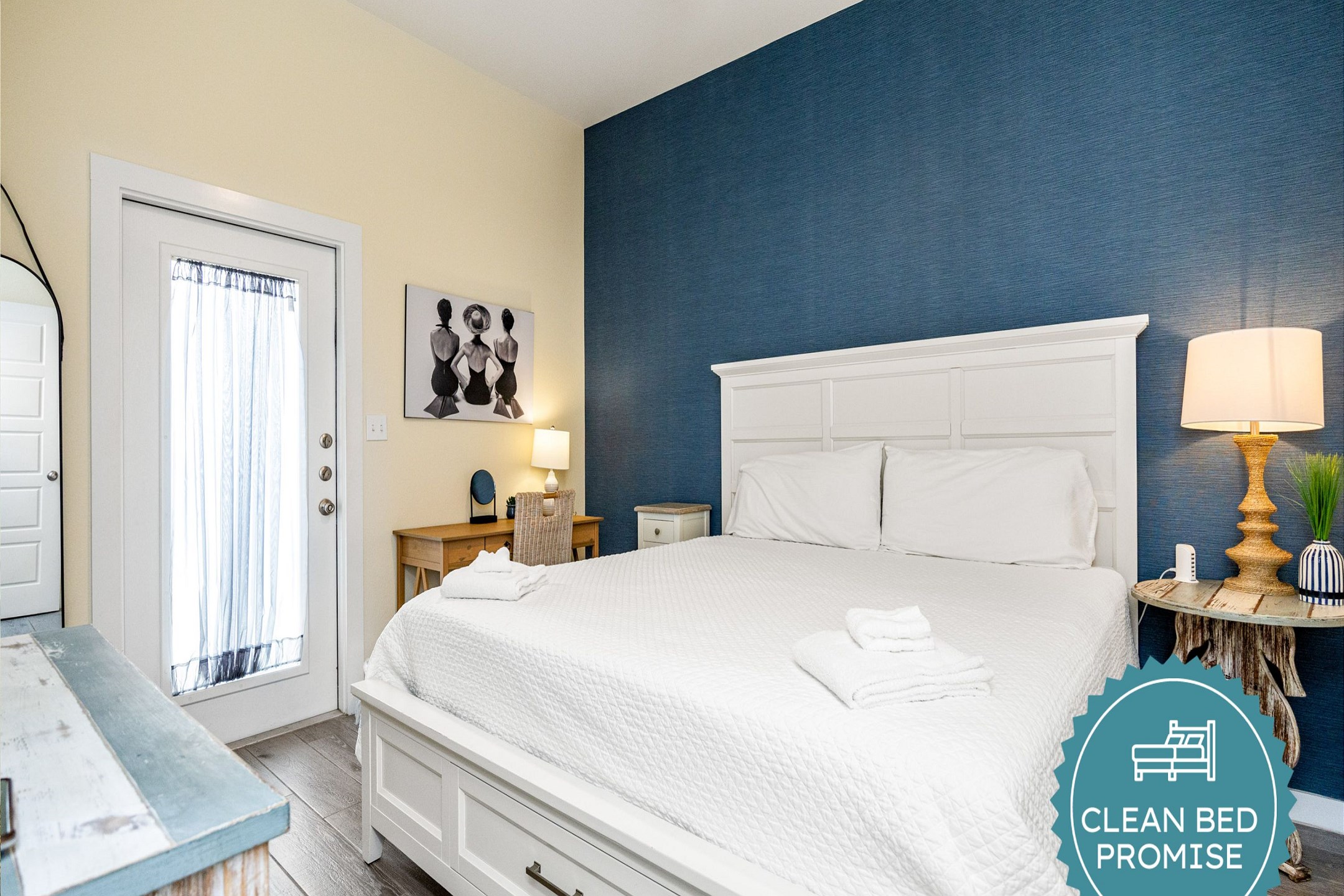 Sleep better at Padre Escapes with our exclusive Clean Bed Promise, providing fresh linens, comforters, and towels washed at high temperatures exceeding CDC recommendations, setting us apart for a truly restful vacation
