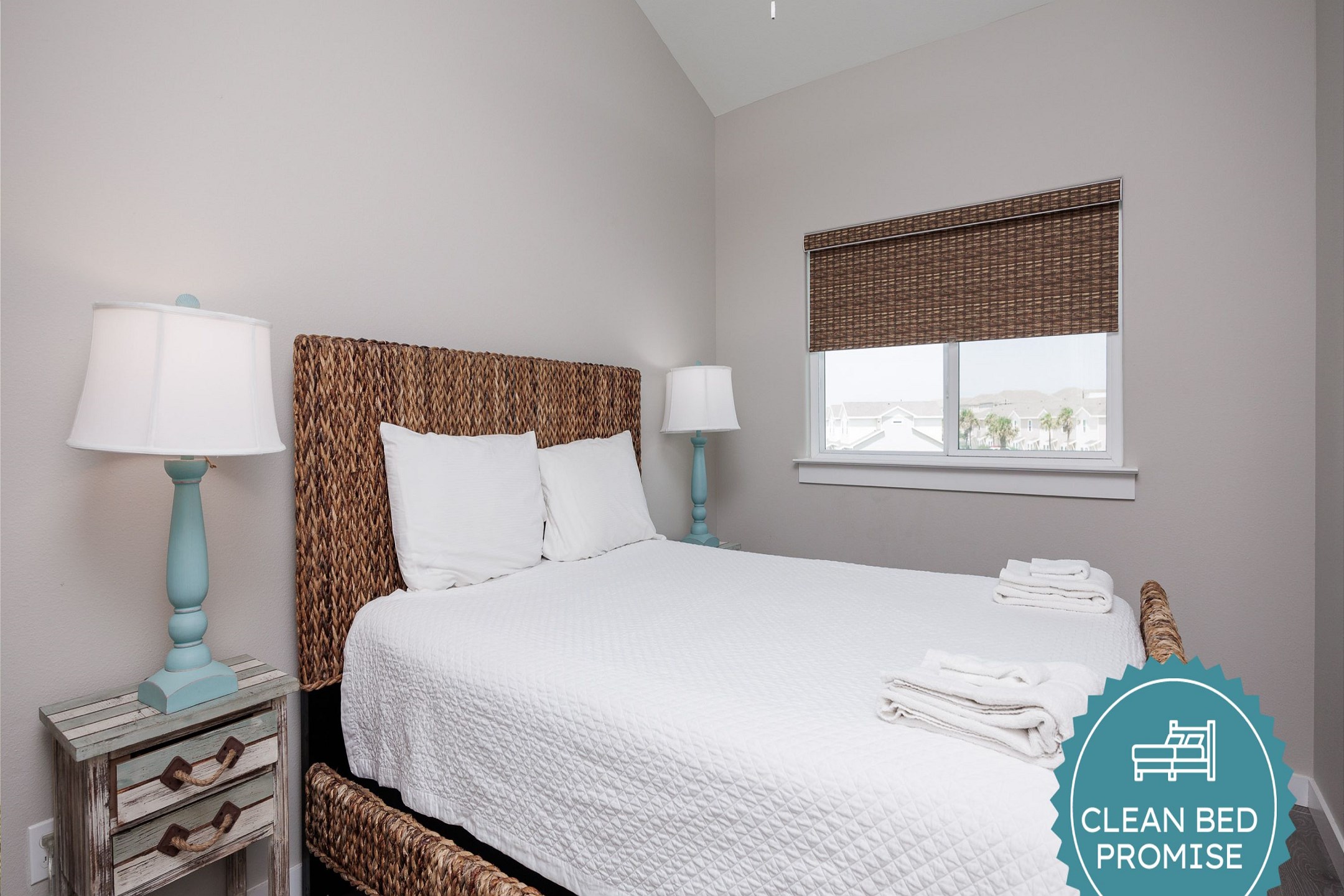 Sleep better at Padre Escapes with our exclusive Clean Bed Promise, providing fresh linens, comforters, and towels washed at high temperatures exceeding CDC recommendations, setting us apart for a truly restful vacation