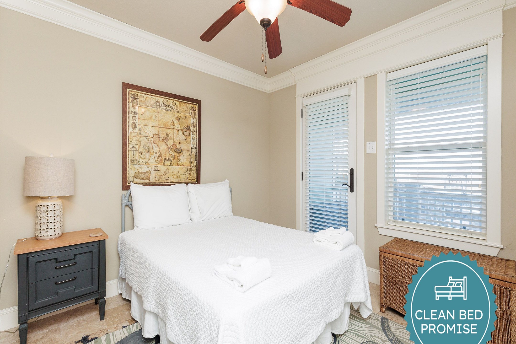 Sleep better at Padre Escapes with our exclusive Clean Bed Promise; providing fresh linens, comforters, and towels washed at high temperatures exceeding CDC recommendations, setting us apart for a truly restful vacation