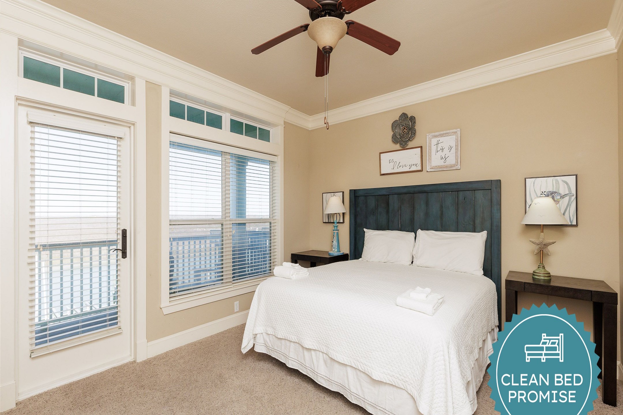 Sleep better at Padre Escapes with our exclusive Clean Bed Promise; providing fresh linens, comforters, and towels washed at high temperatures exceeding CDC recommendations, setting us apart for a truly restful vacation