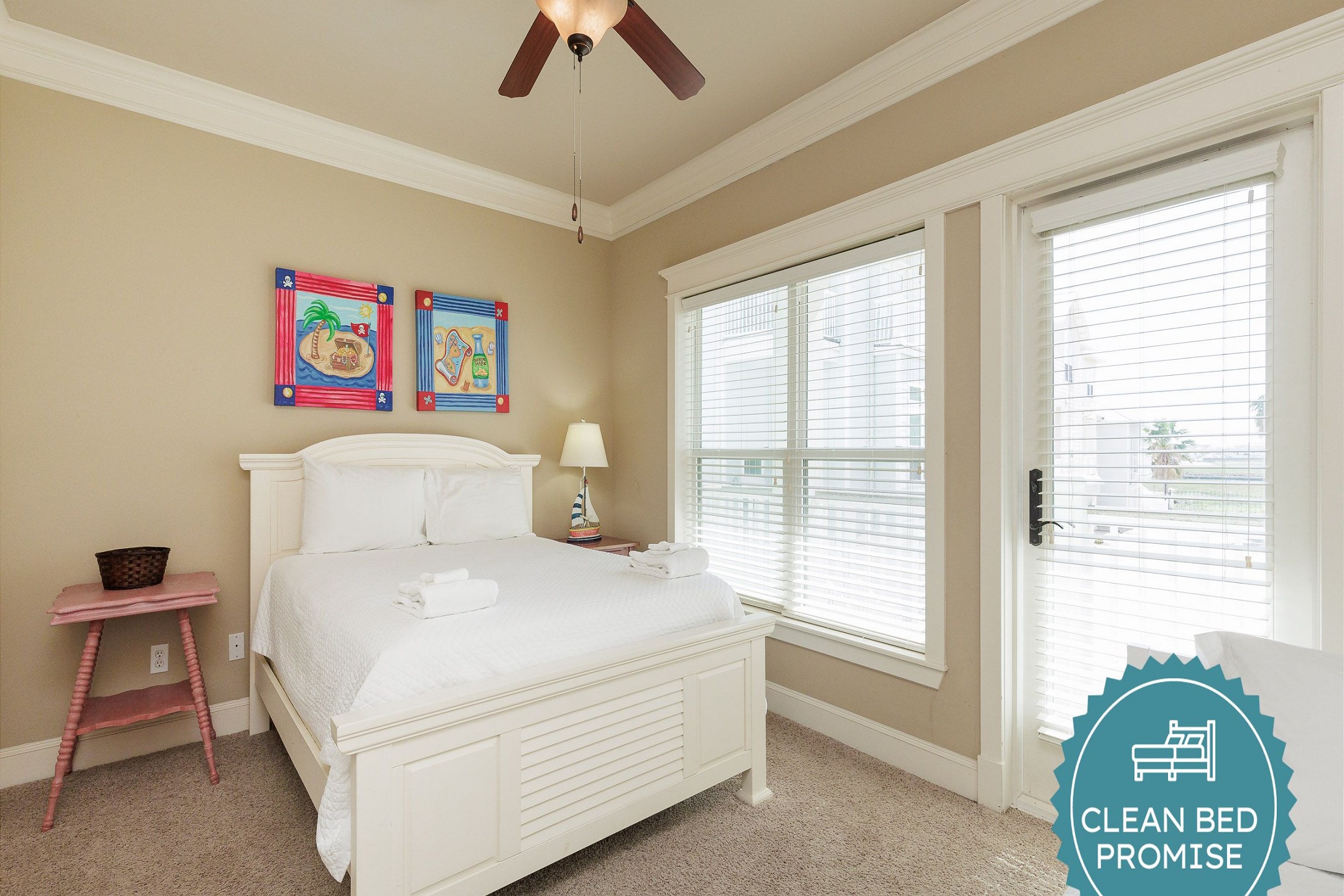 Sleep better at Padre Escapes with our exclusive Clean Bed Promise; providing fresh linens, comforters, and towels washed at high temperatures exceeding CDC recommendations, setting us apart for a truly restful vacation