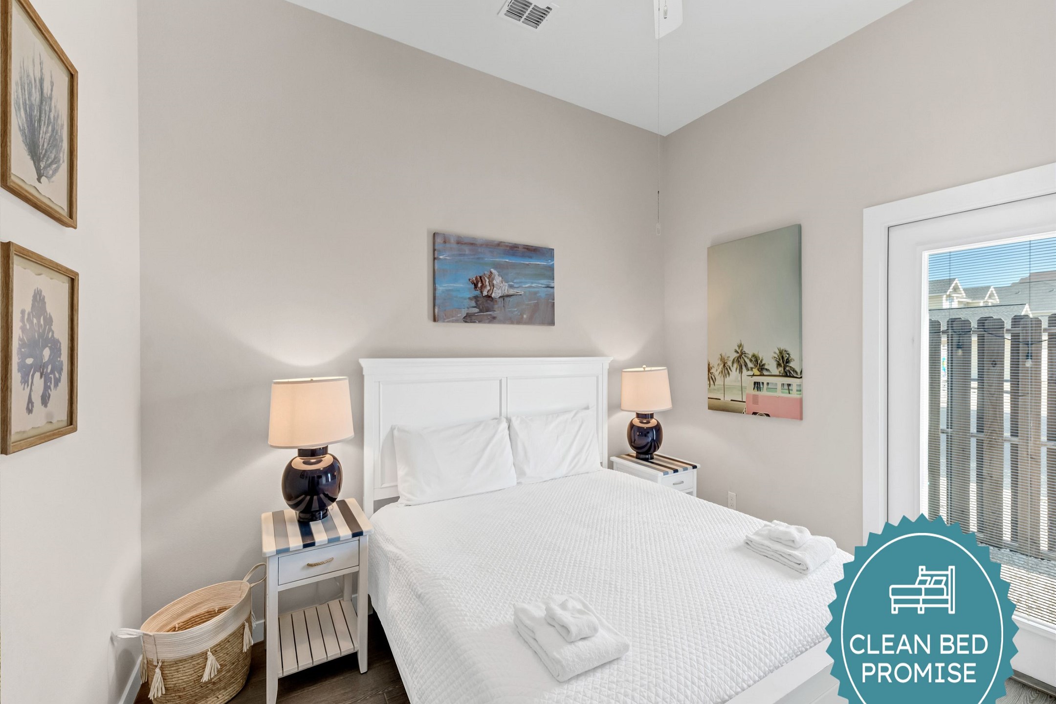 Sleep better at Padre Escapes with our exclusive Clean Bed Promise; providing fresh linens, comforters, and towels washed at high temperatures exceeding CDC recommendations, setting us apart for a truly restful vacation   