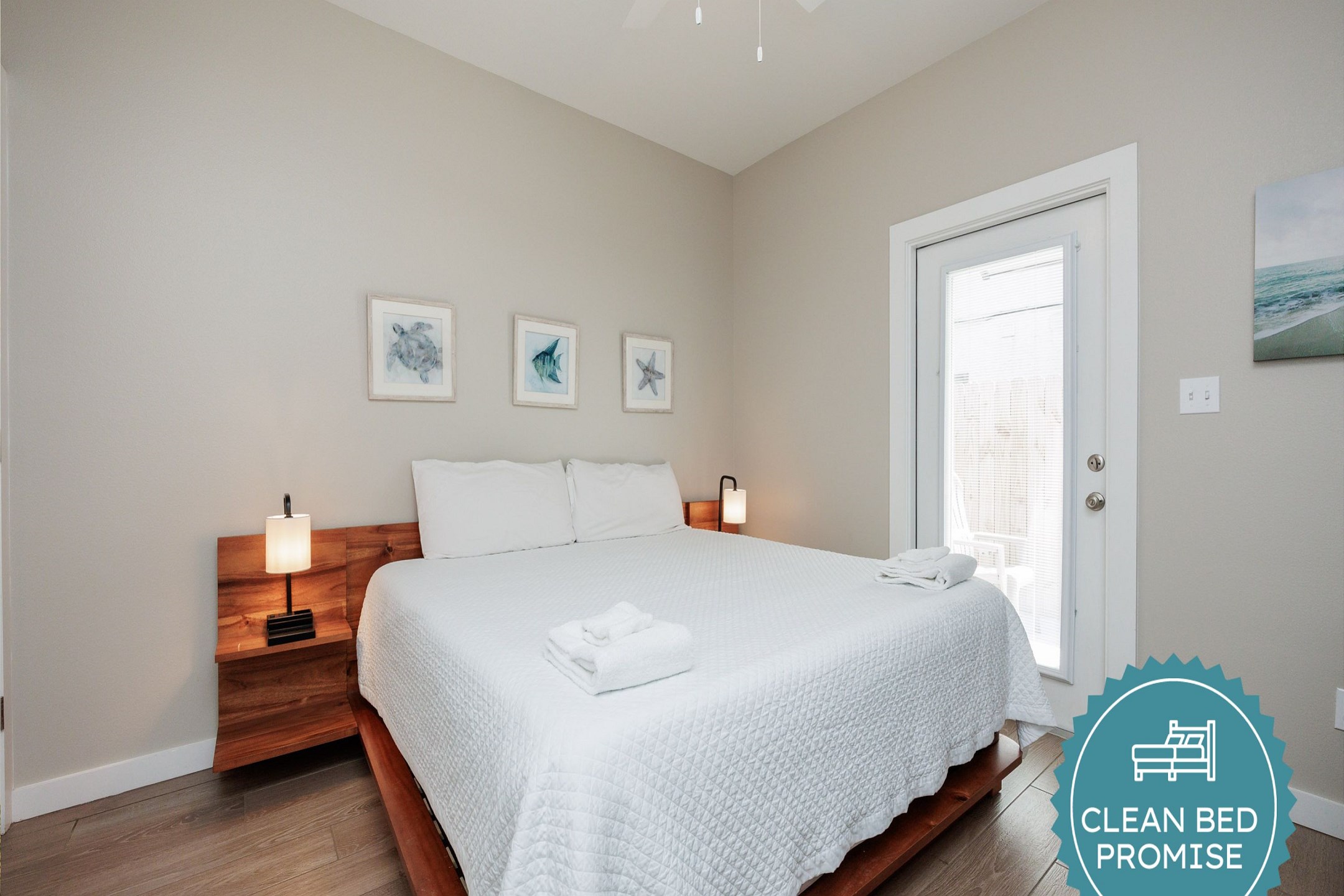 Sleep better at Padre Escapes with our exclusive Clean Bed Promise; providing fresh linens, comforters, and towels washed at high temperatures exceeding CDC recommendations, setting us apart for a truly restful vacation