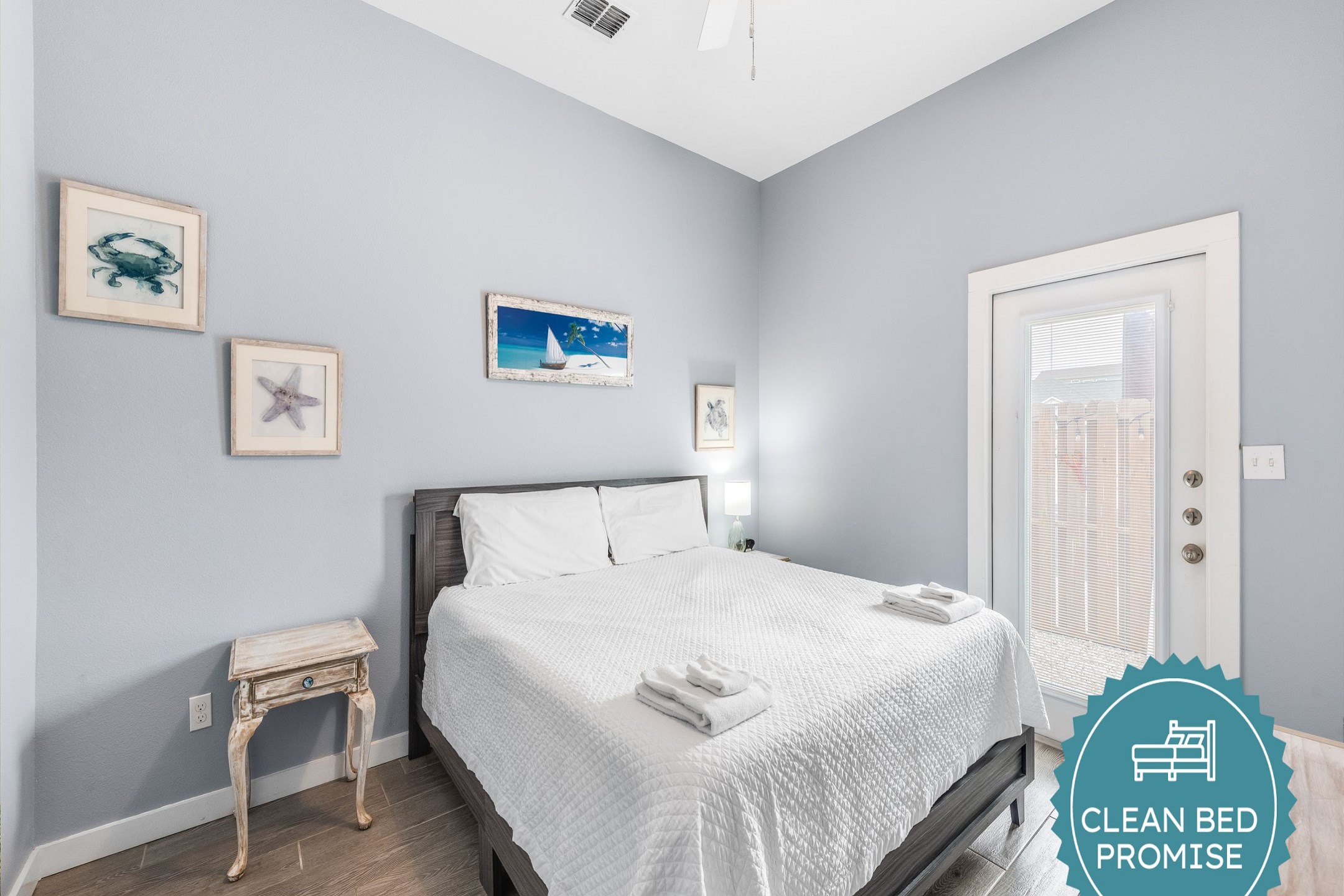 Sleep better at Padre Escapes with our exclusive Clean Bed Promise, providing fresh linens, comforters, and towels washed at high temperatures exceeding CDC recommendations, setting us apart for a truly restful vacation