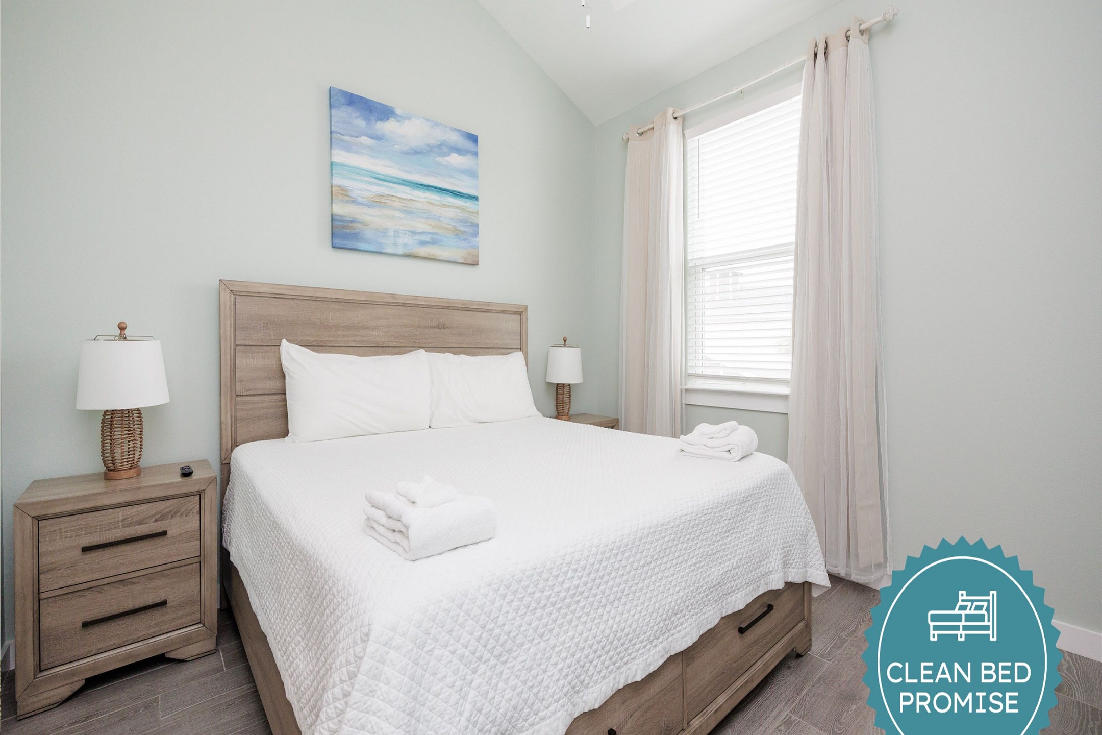 Sleep better at Padre Escapes with our exclusive Clean Bed Promise, providing fresh linens, comforters, and towels washed at high temperatures exceeding CDC recommendations, setting us apart for a truly restful vacation