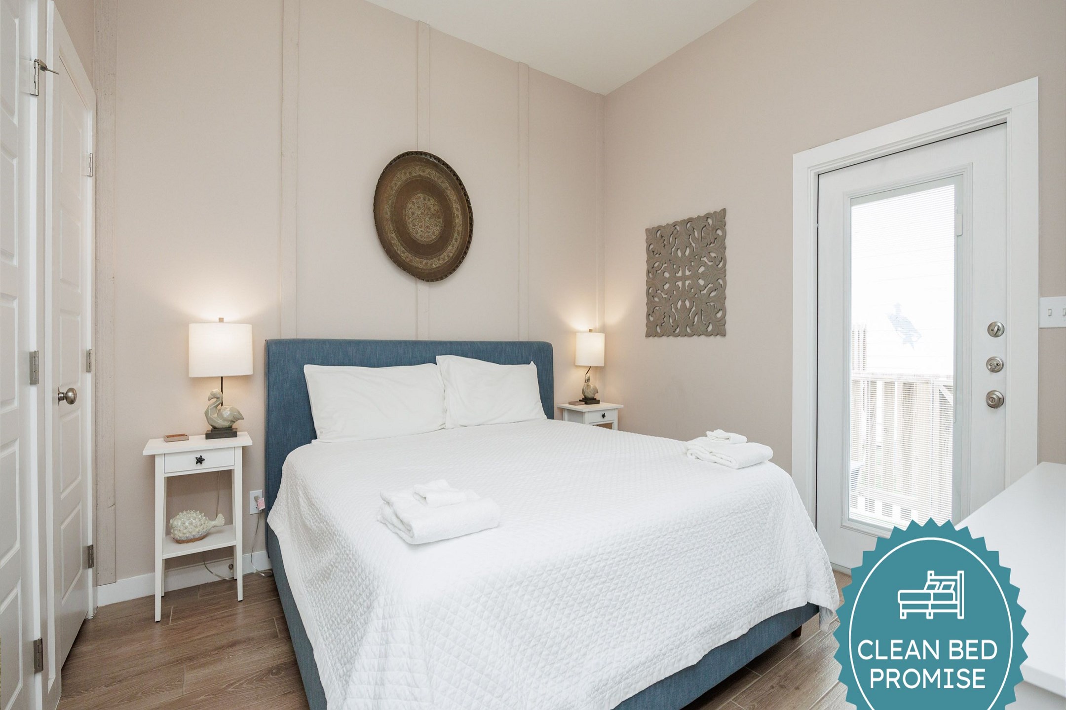 Sleep better at Padre Escapes with our exclusive Clean Bed Promise, providing fresh linens, comforters, and towels washed at high temperatures exceeding CDC recommendations, setting us apart for a truly restful vacation