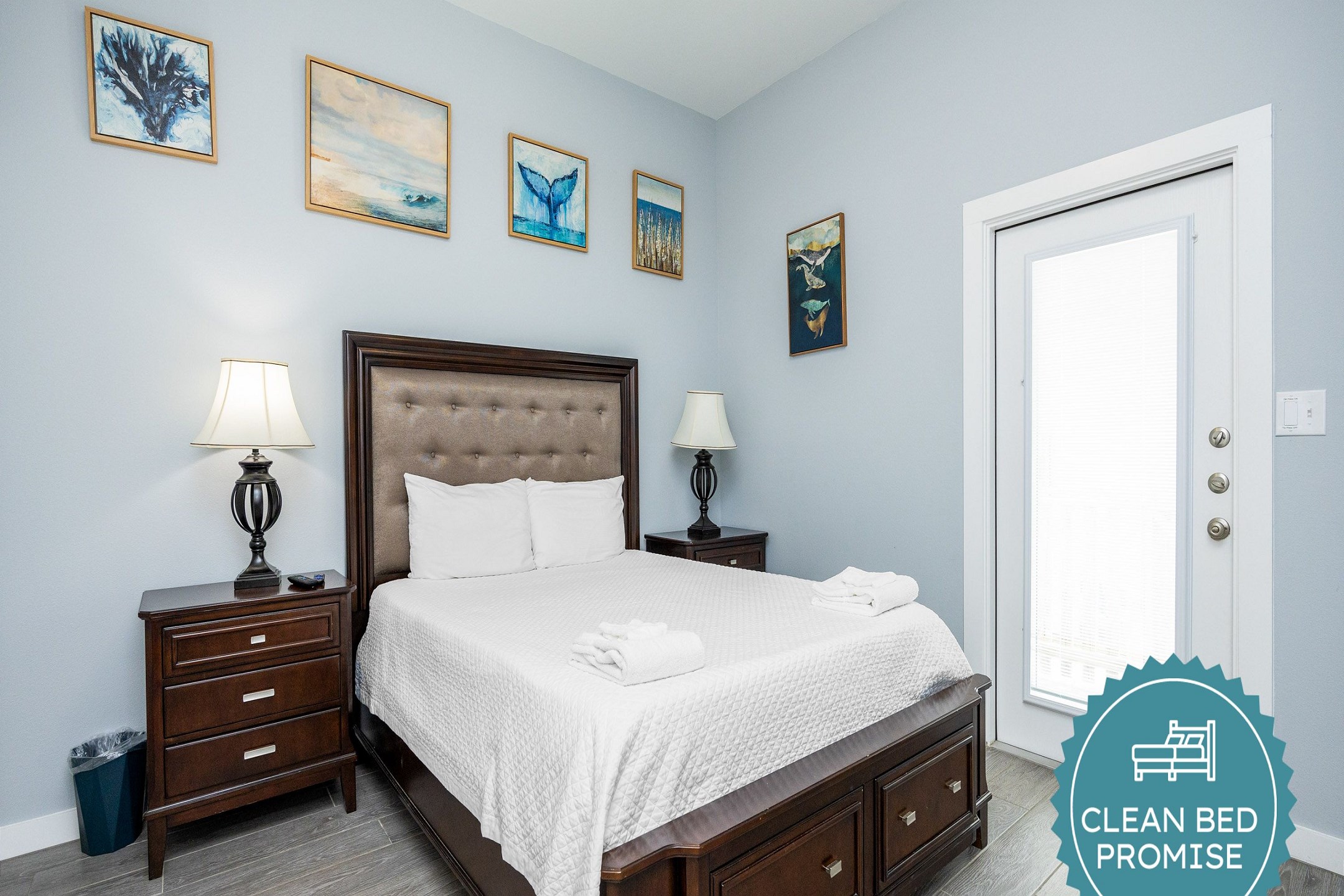 Sleep better at Padre Escapes with our exclusive Clean Bed Promise, providing fresh linens, comforters, and towels washed at high temperatures exceeding CDC recommendations, setting us apart for a truly restful vacation