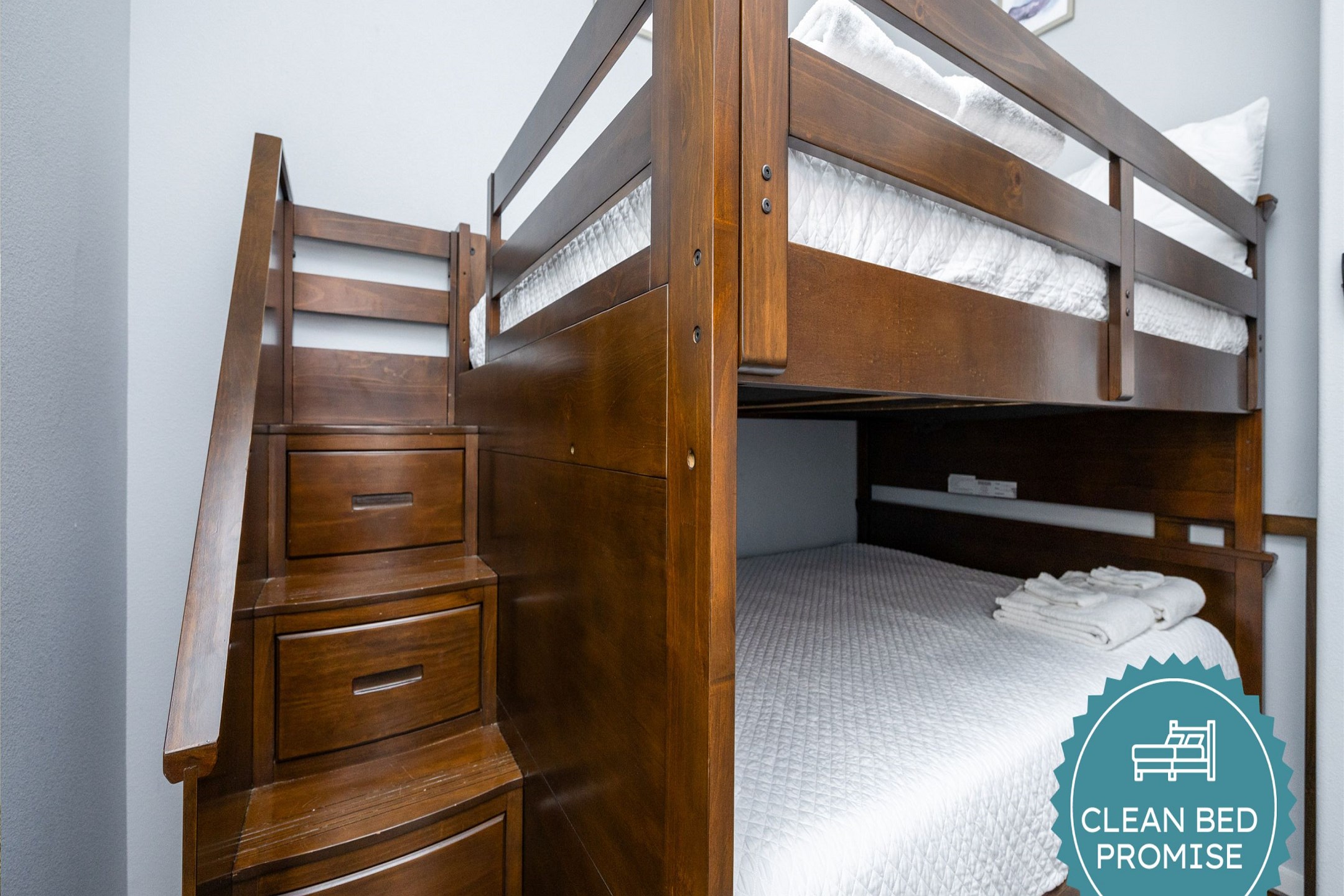 Sleep better at Padre Escapes with our exclusive Clean Bed Promise, providing fresh linens, comforters, and towels washed at high temperatures exceeding CDC recommendations, setting us apart for a truly restful vacation