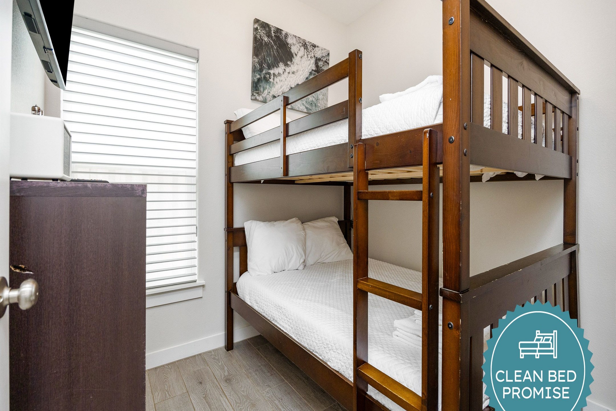 Sleep better at Padre Escapes with our exclusive Clean Bed Promise; providing fresh linens, comforters, and towels washed at high temperatures exceeding CDC recommendations, setting us apart for a truly restful vacation