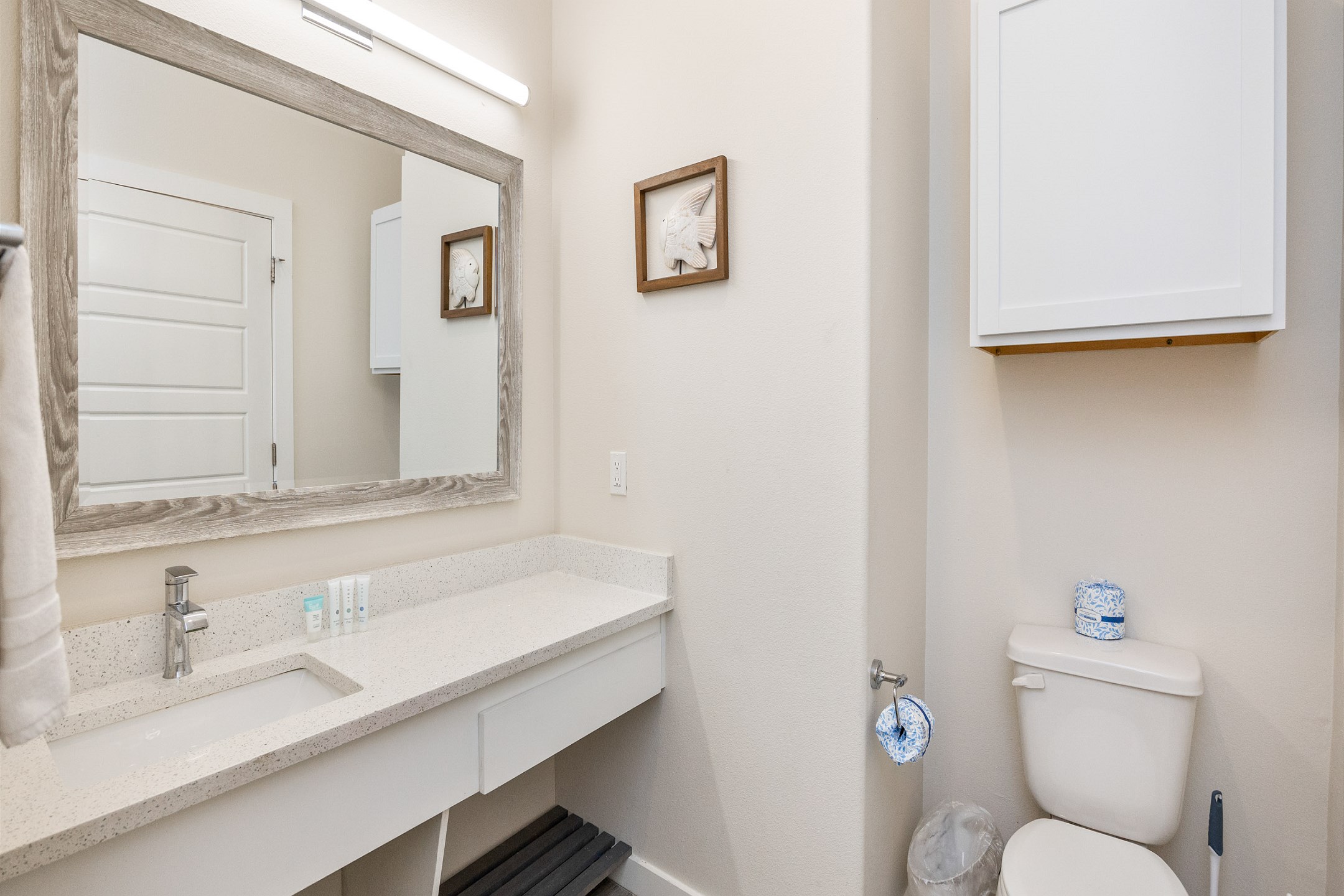 Guest bathroom with sink, toilet, and walk-in shower