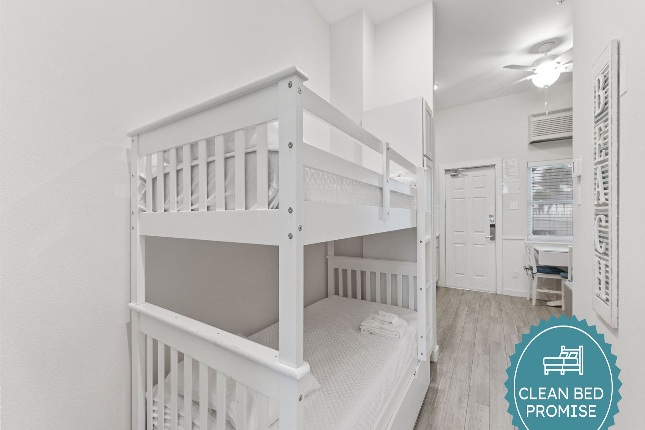 Sleep better at Padre Escapes with our exclusive Clean Bed Promise, providing fresh linens, comforters, and towels washed at high temperatures exceeding CDC recommendations, setting us apart for a truly restful vacation 
