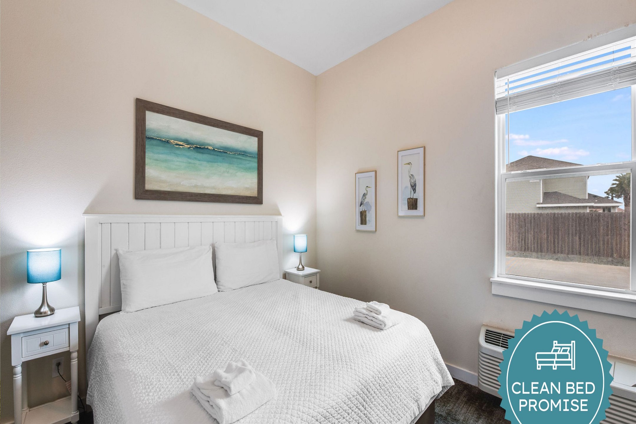 Sleep better at Padre Escapes with our exclusive Clean Bed Promise, providing fresh linens, comforters, and towels washed at high temperatures exceeding CDC recommendations, setting us apart for a truly restful vacation 
