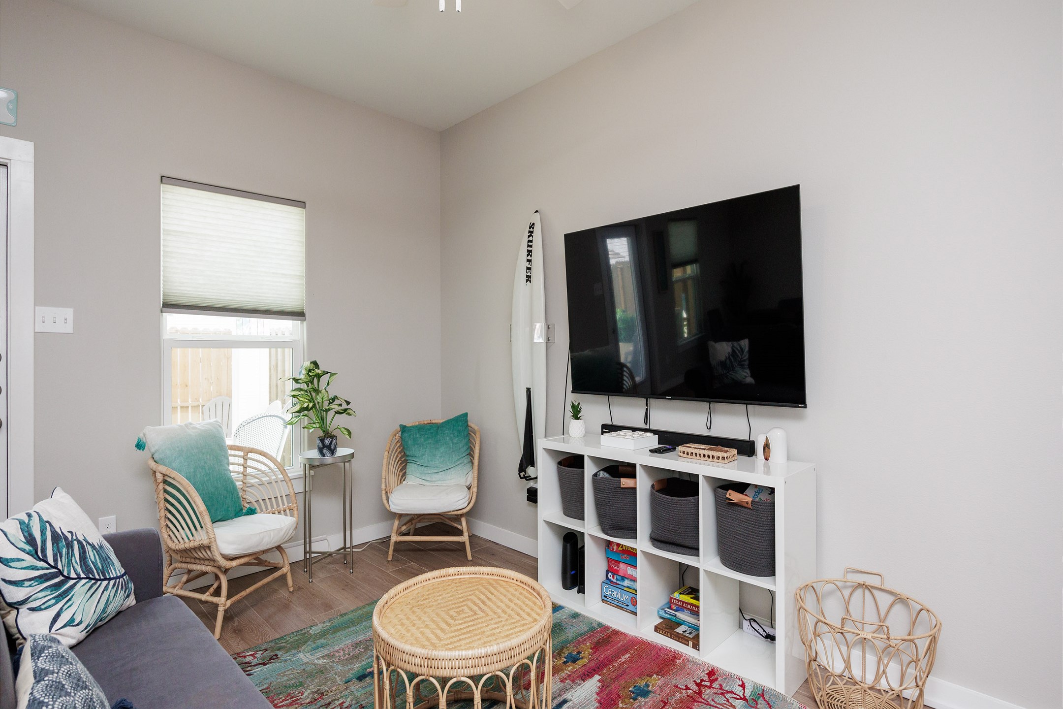 Cozy living space with large flat screen TV to enjoy 