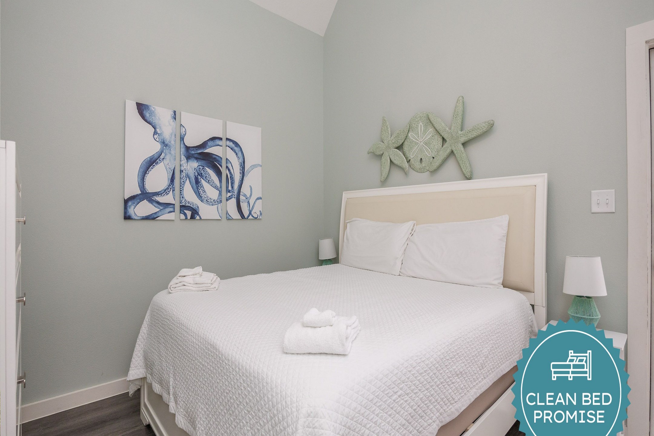 Sleep better at Padre Escapes with our exclusive Clean Bed Promise; providing fresh linens, comforters, and towels washed at high temperatures exceeding CDC recommendations, setting us apart for a truly restful vacation