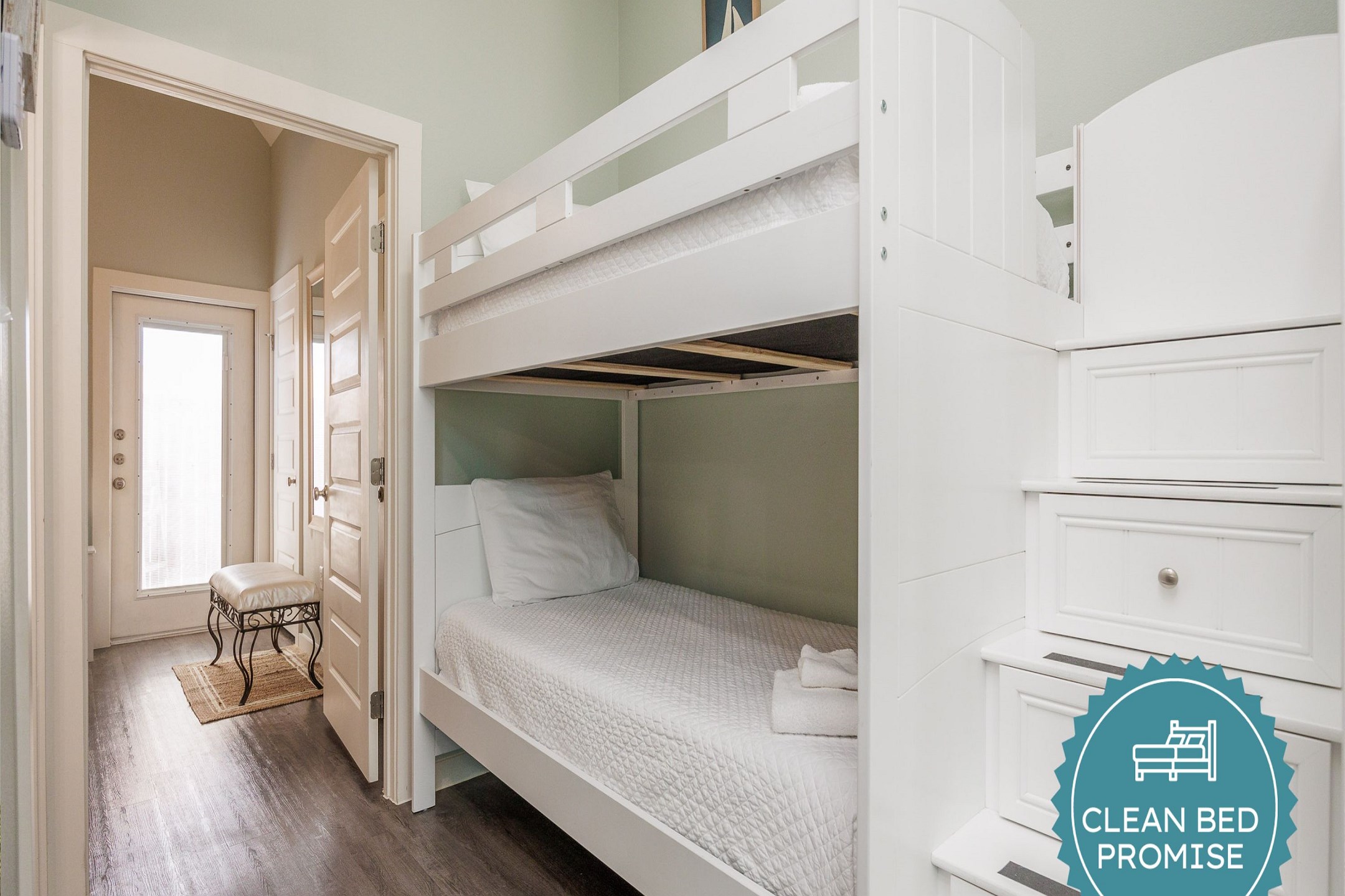 Sleep better at Padre Escapes with our exclusive Clean Bed Promise; providing fresh linens, comforters, and towels washed at high temperatures exceeding CDC recommendations, setting us apart for a truly restful vacation