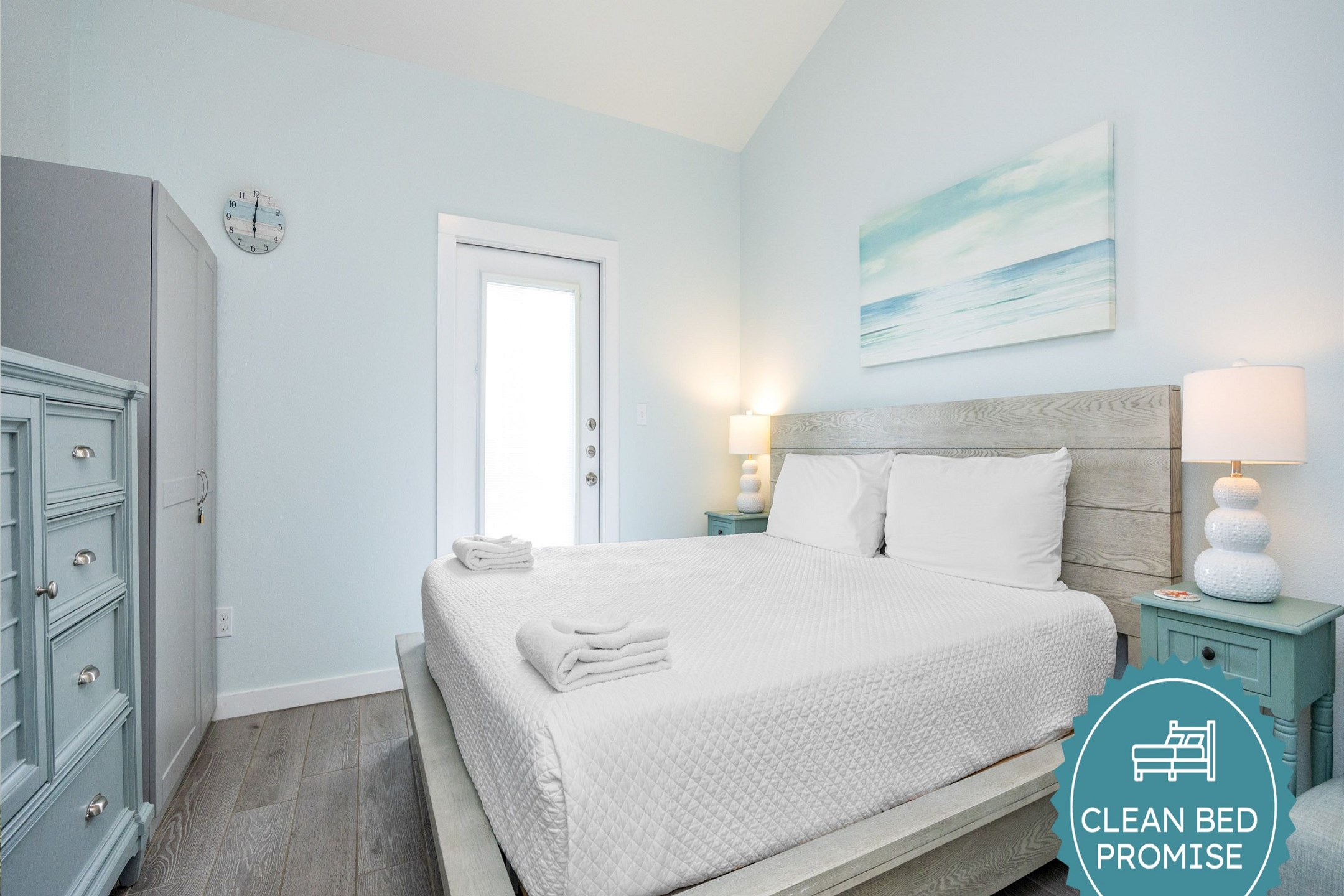 Sleep better at Padre Escapes with our exclusive Clean Bed Promise; providing fresh linens, comforters, and towels washed at high temperatures exceeding CDC recommendations, setting us apart for a truly restful vacation