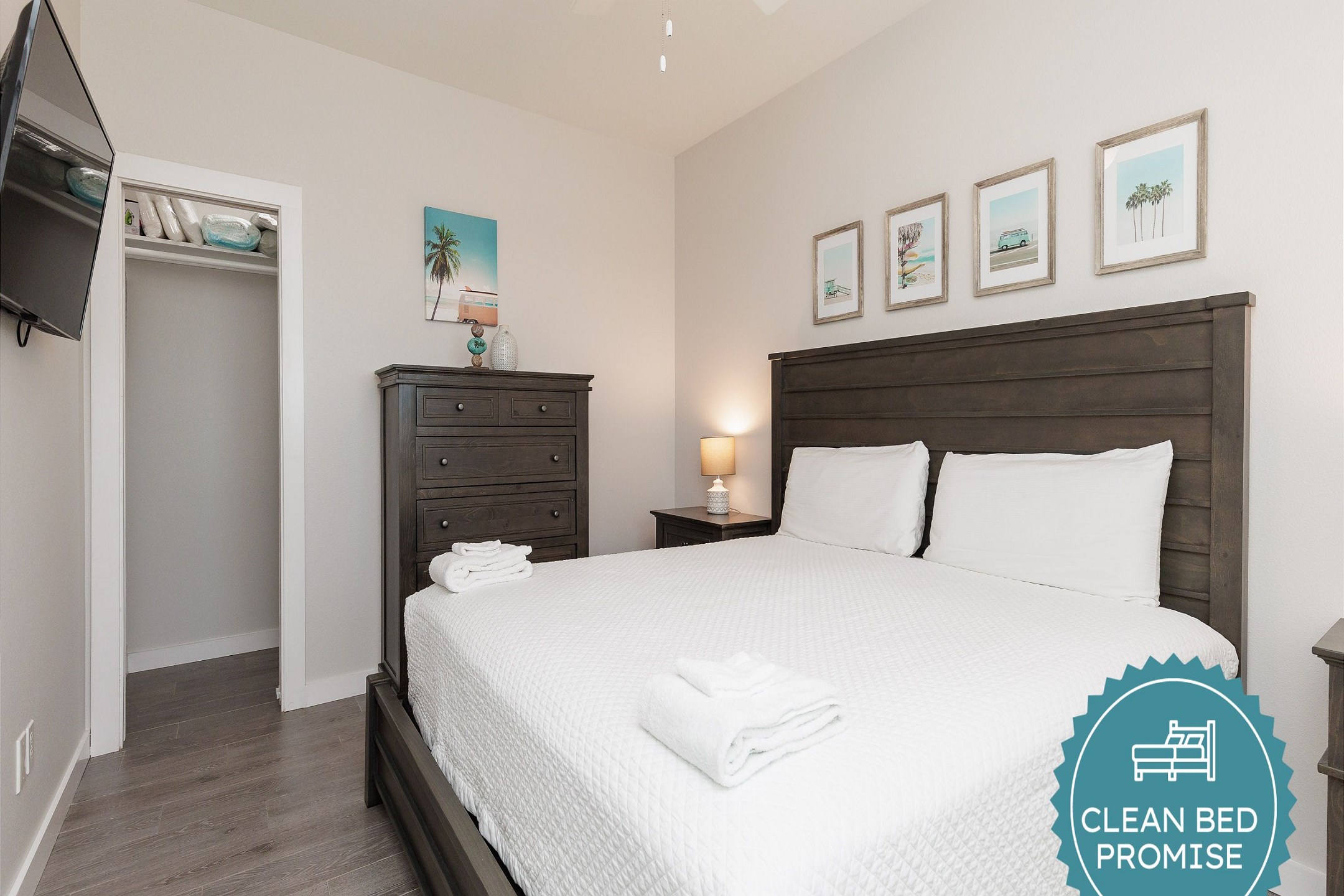 Sleep better at Padre Escapes with our exclusive Clean Bed Promise, providing fresh linens, comforters, and towels washed at high temperatures exceeding CDC recommendations, setting us apart for a truly restful vacation